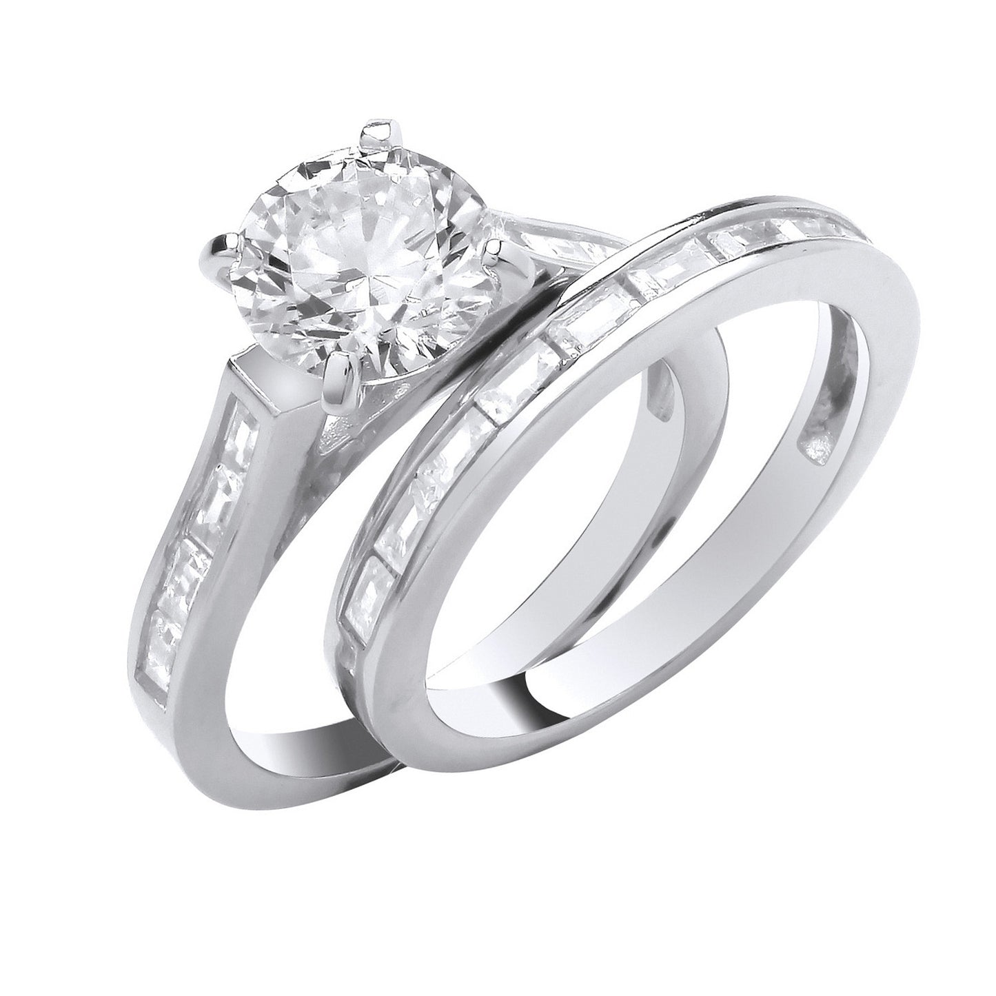Silver Round & Baguette 8mm Centre Cubic Zirconia Bridal Set Rings - Silver