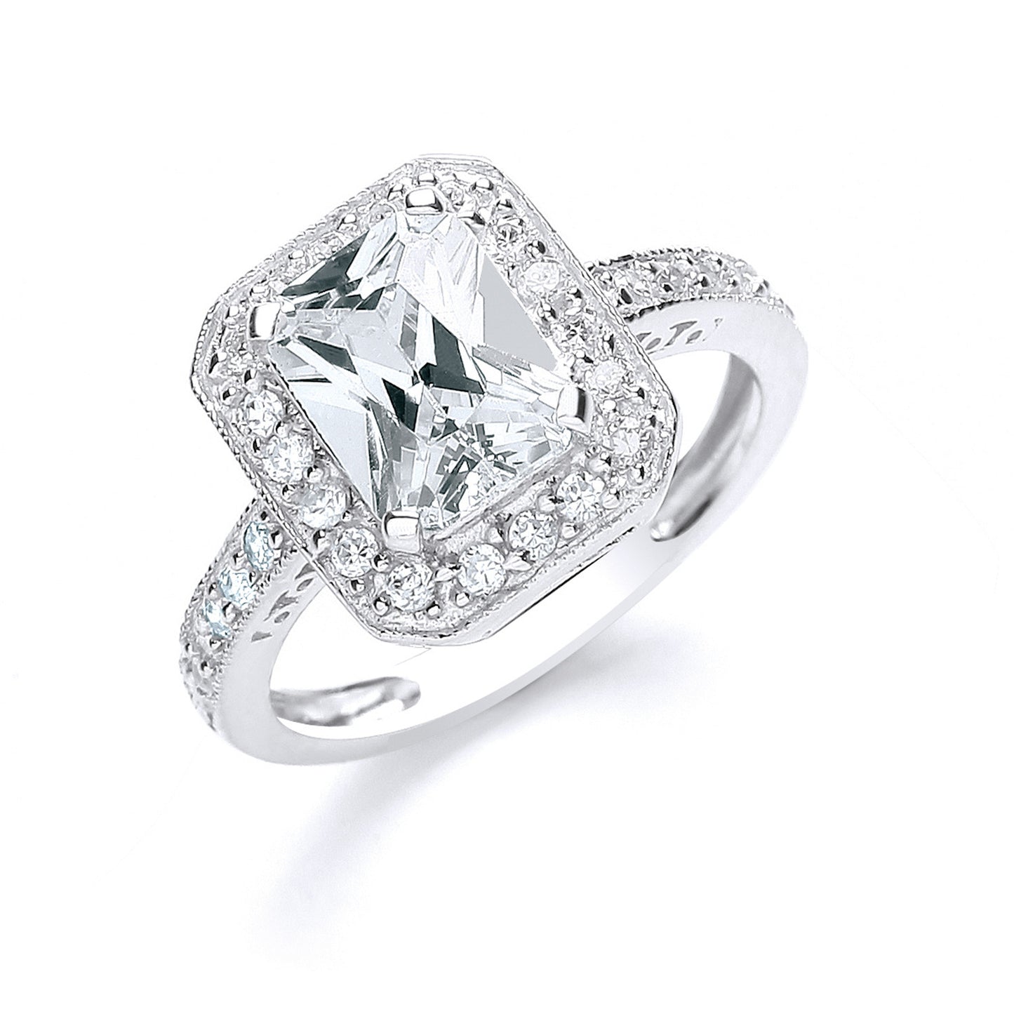Silver Emerald Cut with Cubic Zirconia Surrounding & Shoulders Ring - Silver
