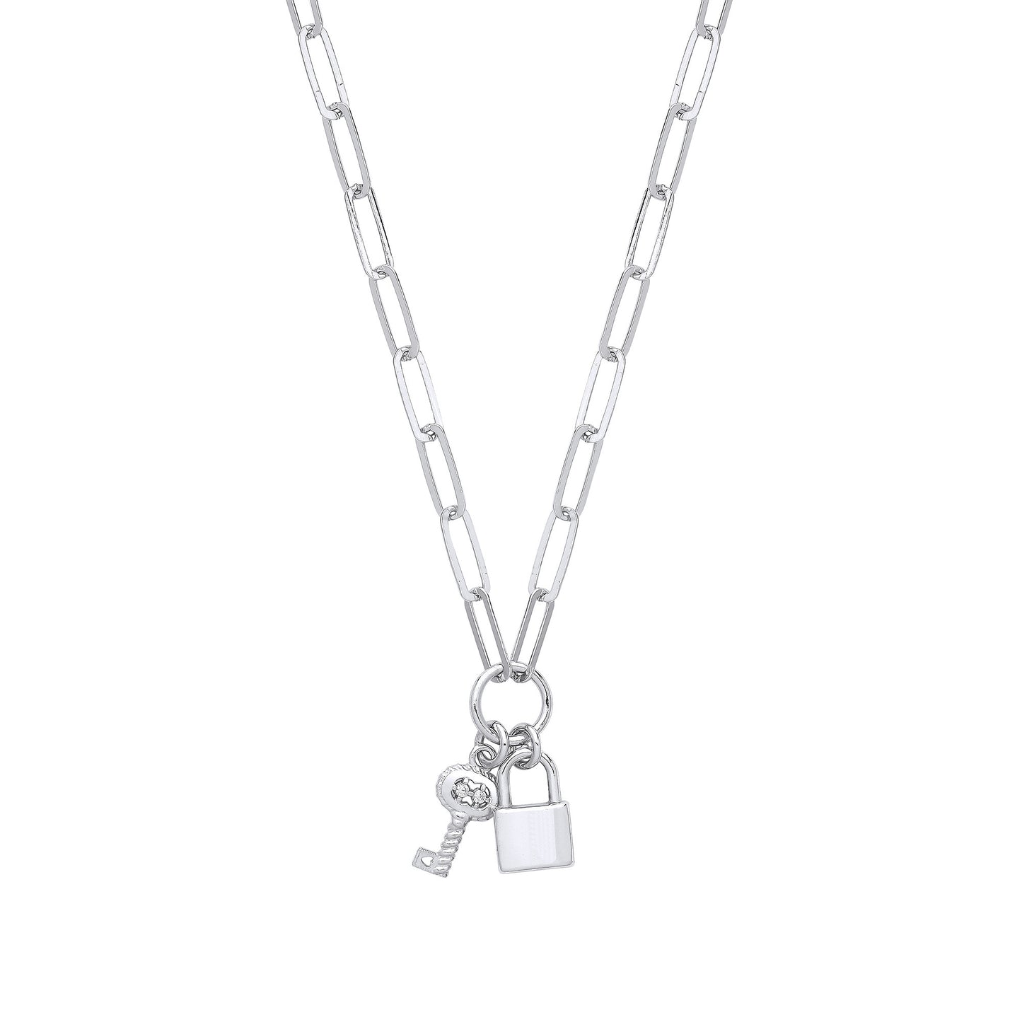 Silver Paper Clip Chain , Padlock & Cubic Zirconia Key Necklace - Silver