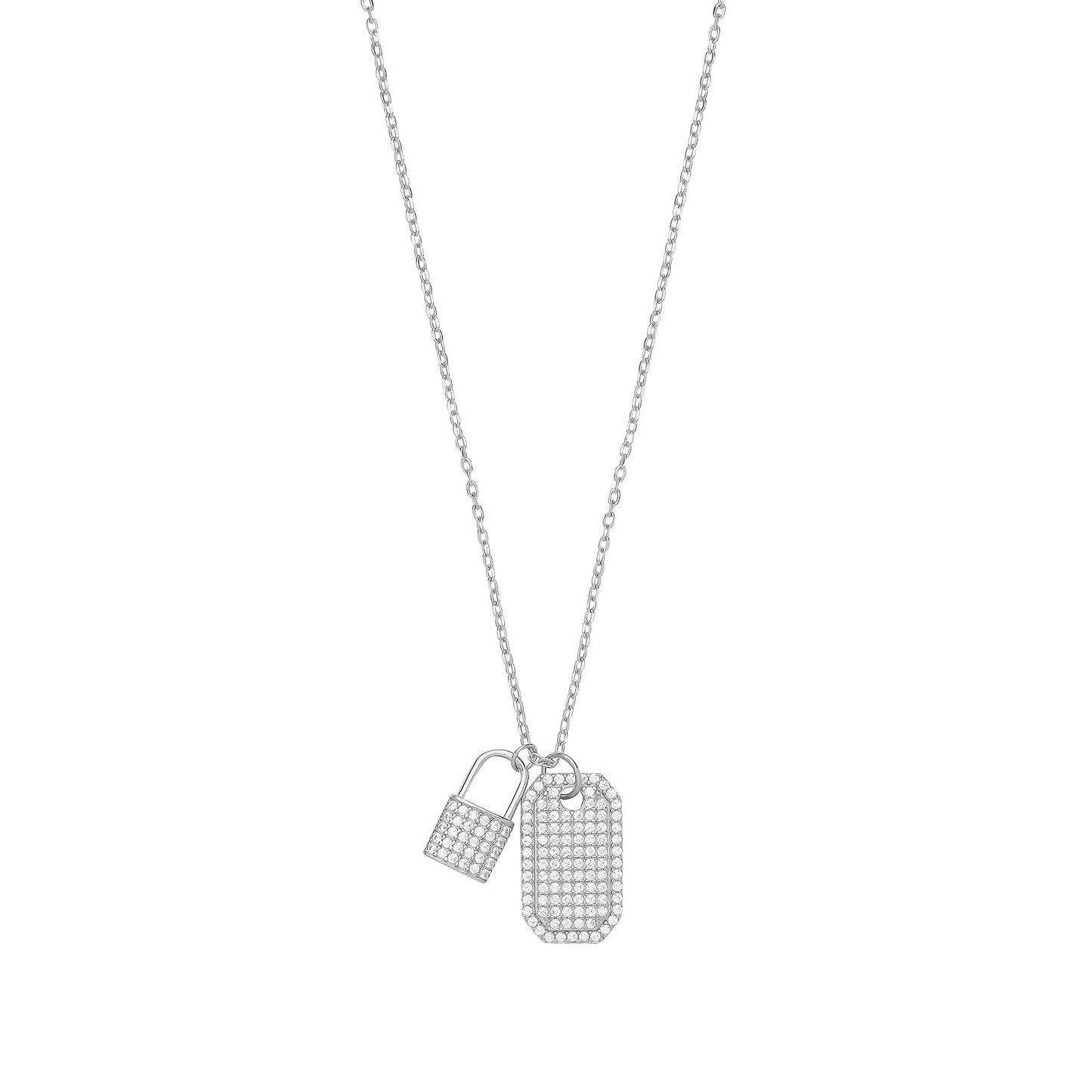 Silver Cubic Zirconia Padlock & Dog Tag Necklace - Silver