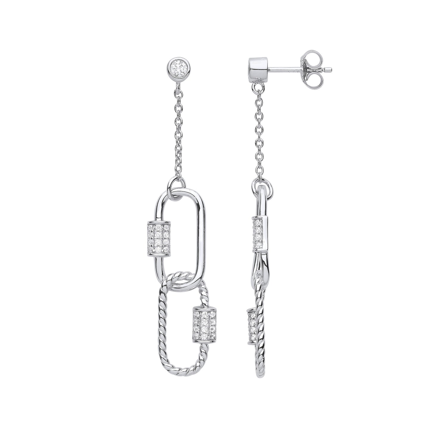Silver Paper Clip Cubic Zirconia Drop Earrings - Silver