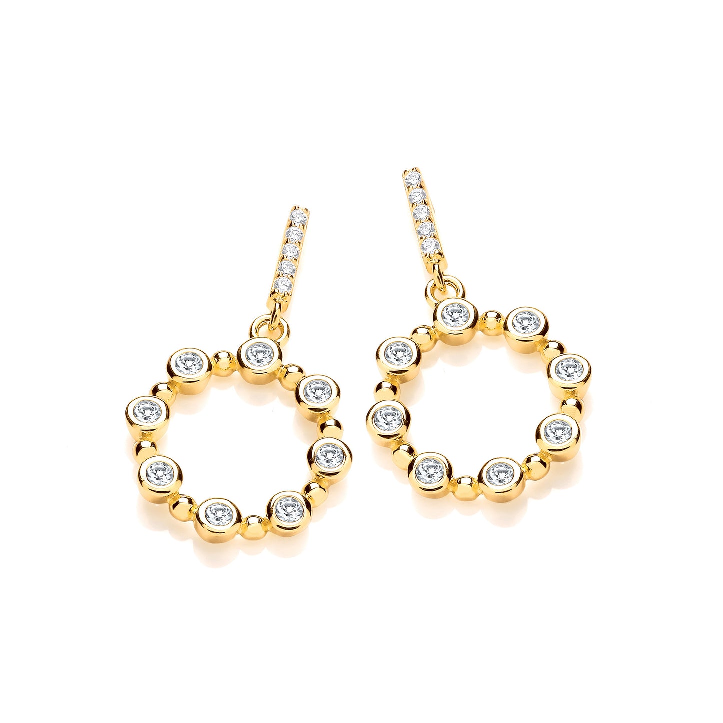 Yellow Gold Plated Silver Rubover Cubic Zirconias Circle Drop Earrings - Silver