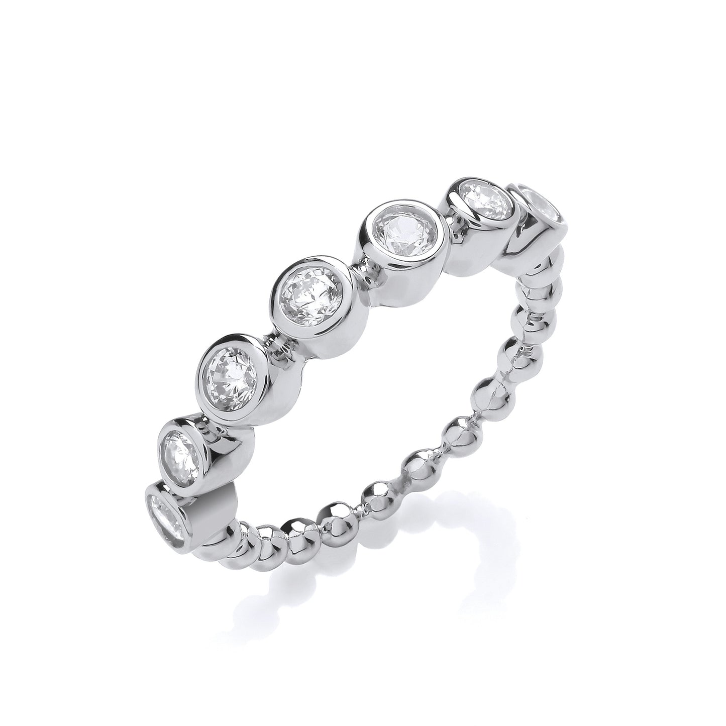 Seven Cubic Zirconias Beaded Silver Ring - Silver