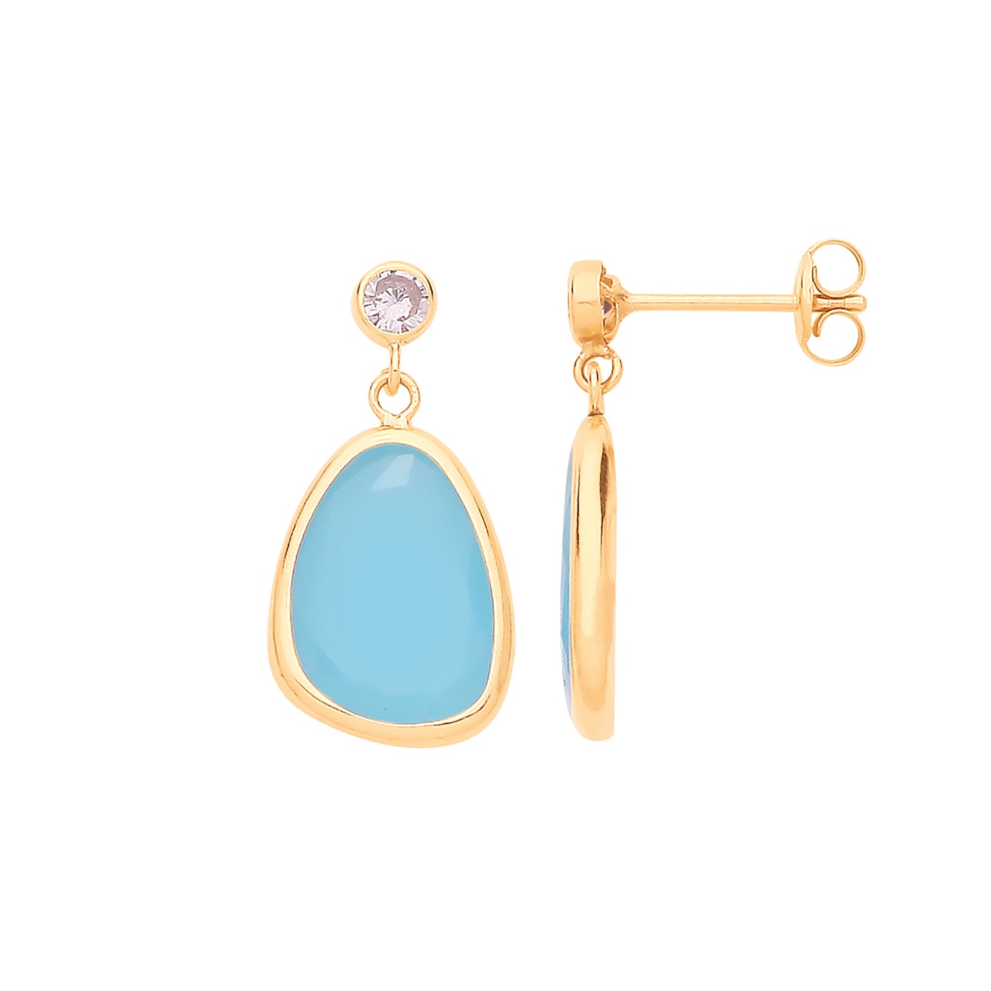 9ct Yellow Gold Cubic Zirconia and Blue Glass Drop Studs - 9ct Gold