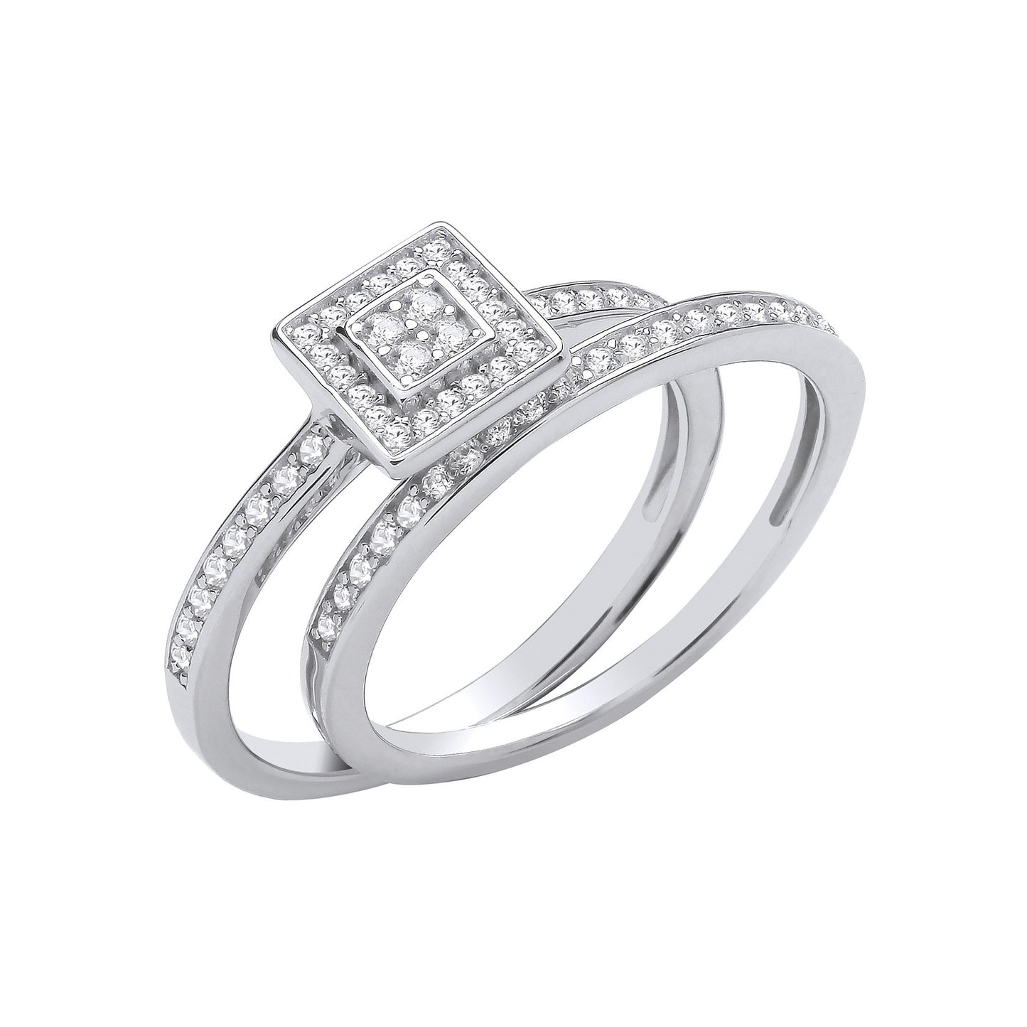 Silver Bridal Set Round Cubic Zirconias Half ET Rings - Silver
