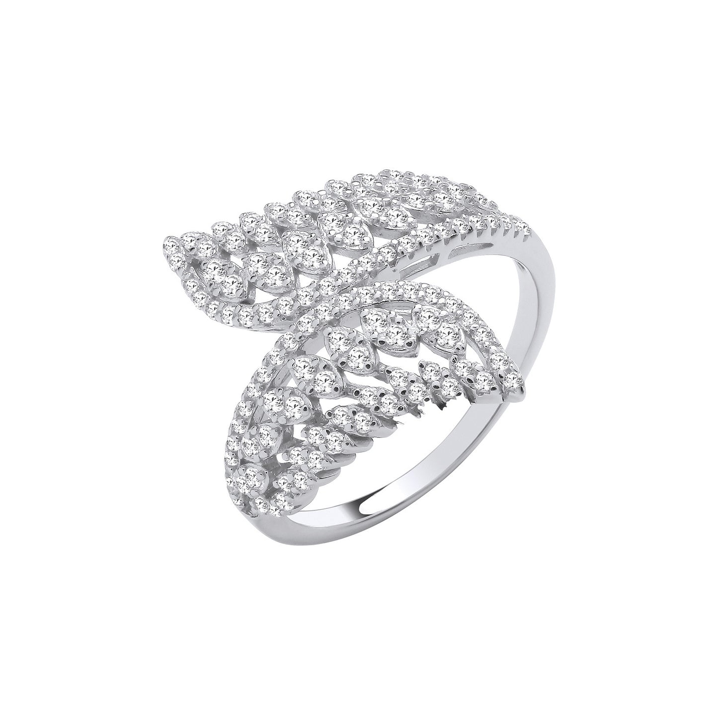 Silver Cross Over Leaf Style Cubic Zirconias Rings - Silver