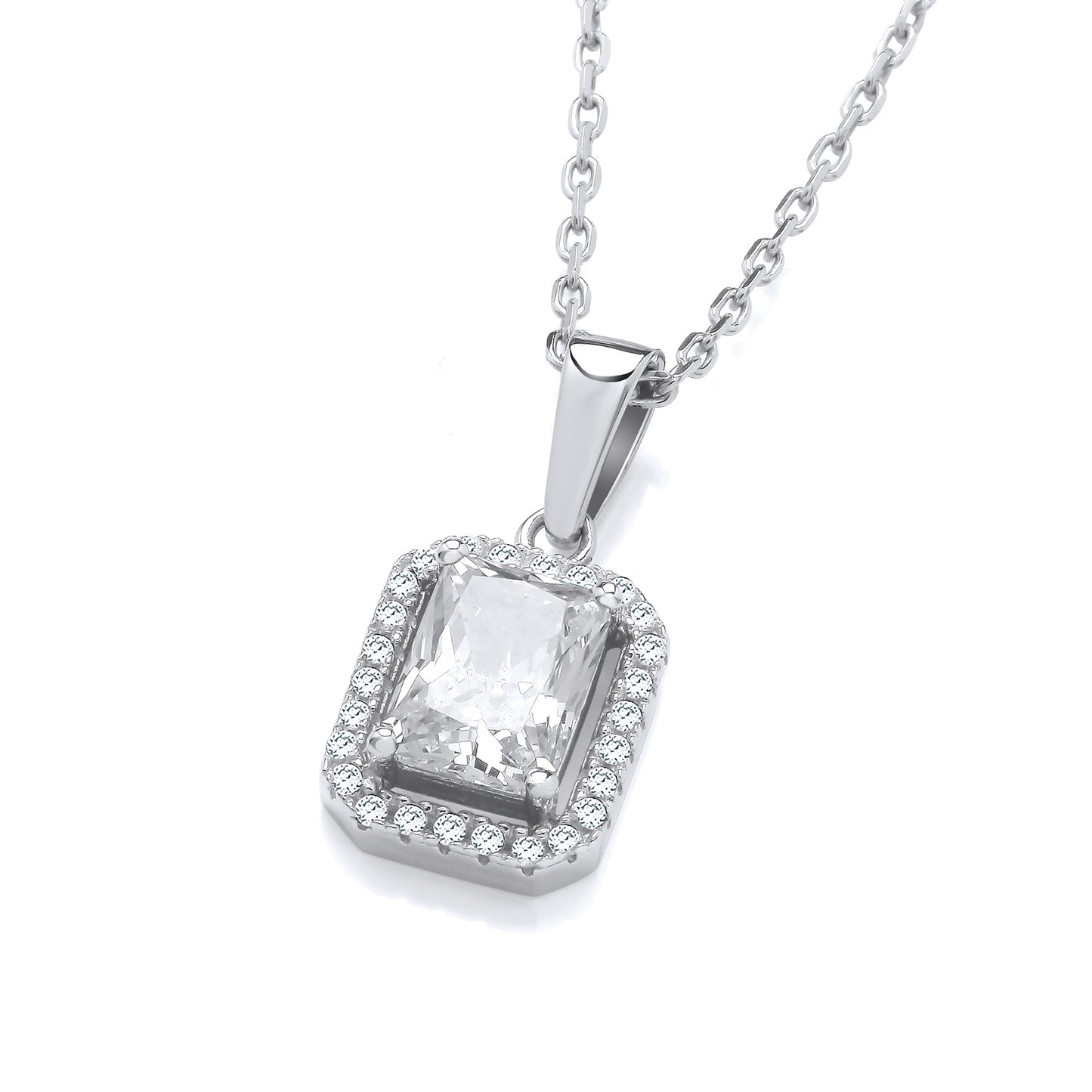 Silver Clear Cubic Zirconias Halo Stud Pendant with Chain - Silver
