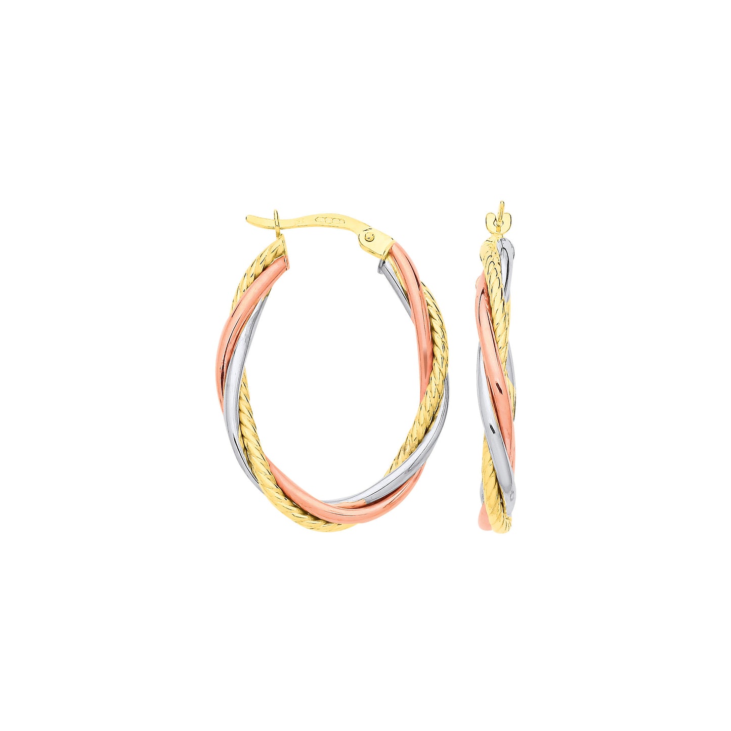 Yellow White & Rose Gold Russian Wedding Oval Hoop Earrings - 9ct Gold
