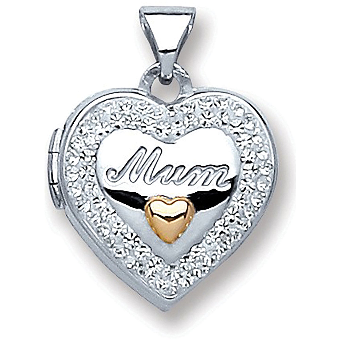 Silver Heart Mum with Crystals Locket - Silver
