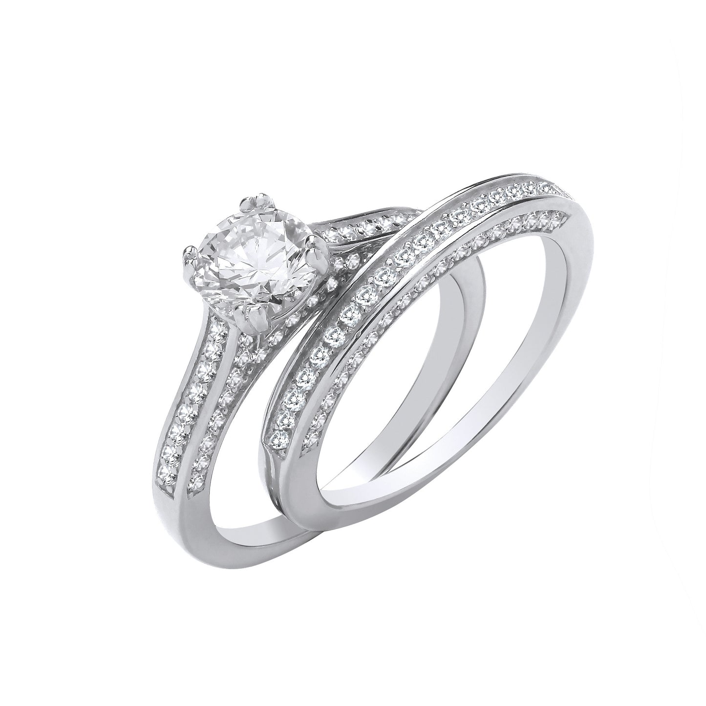 Silver Bridal Set S/S & Shoulder Cubic Zirconias Half ET Rings - Silver