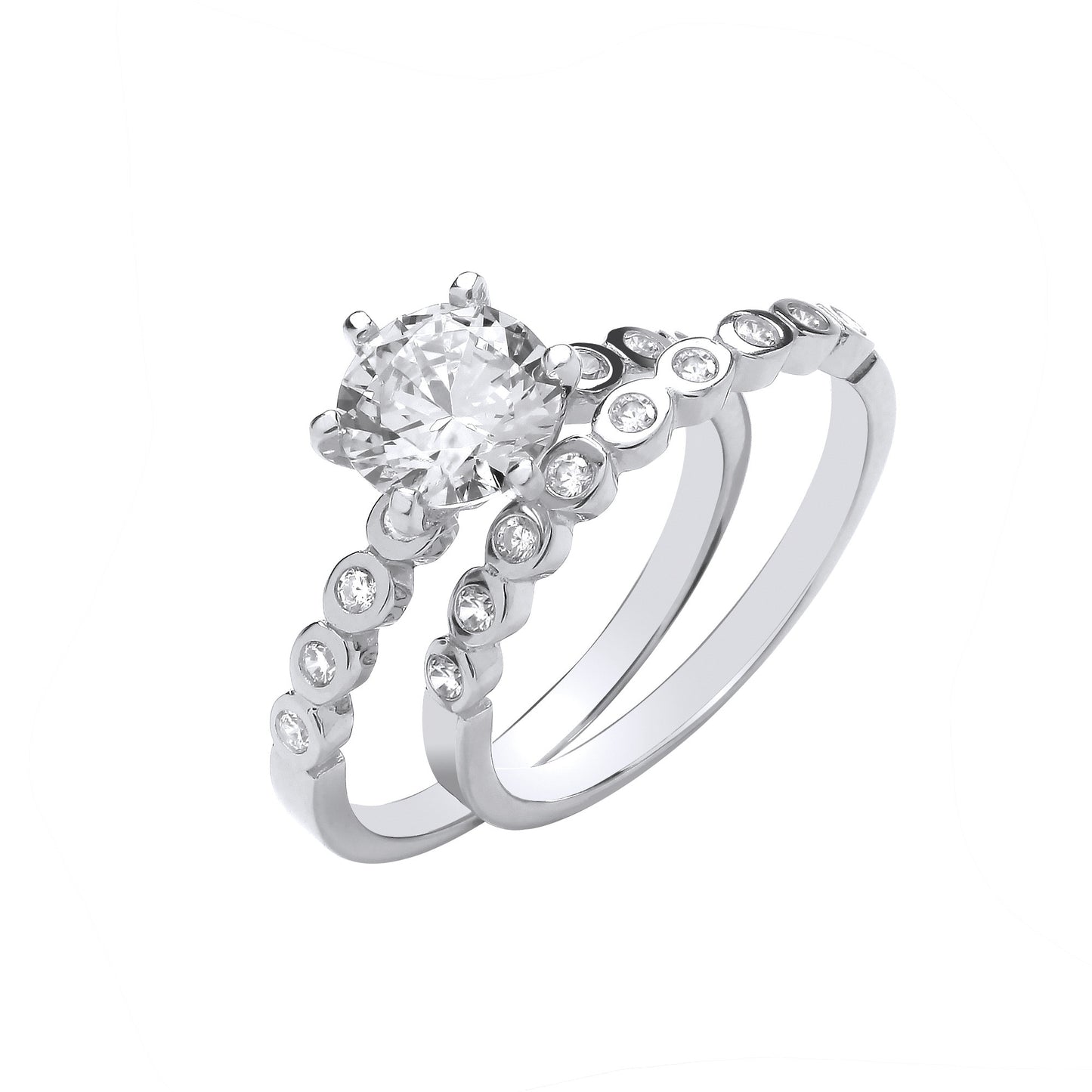 Silver Bridal Set Big Cubic Zirconia S/S & Rubover Half ET Rings - Silver