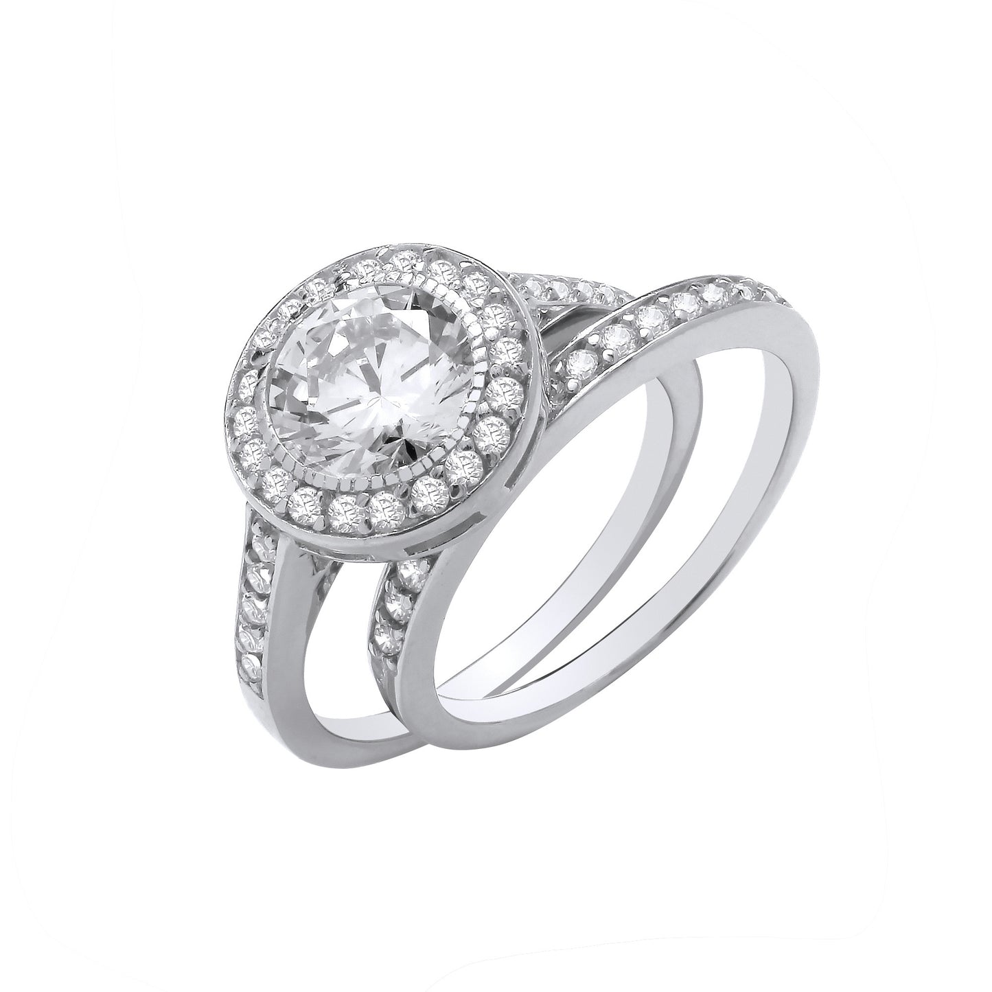 Silver Bridal Set Halo Cubic Zirconia Half ET Rings - Silver