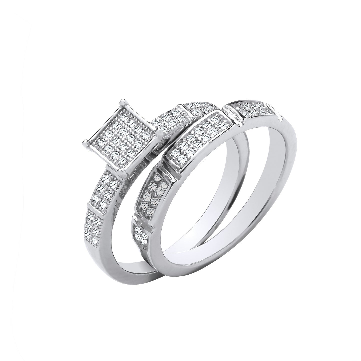 Silver Bridal Set Square Top Cubic Zirconia Half ET Rings - Silver