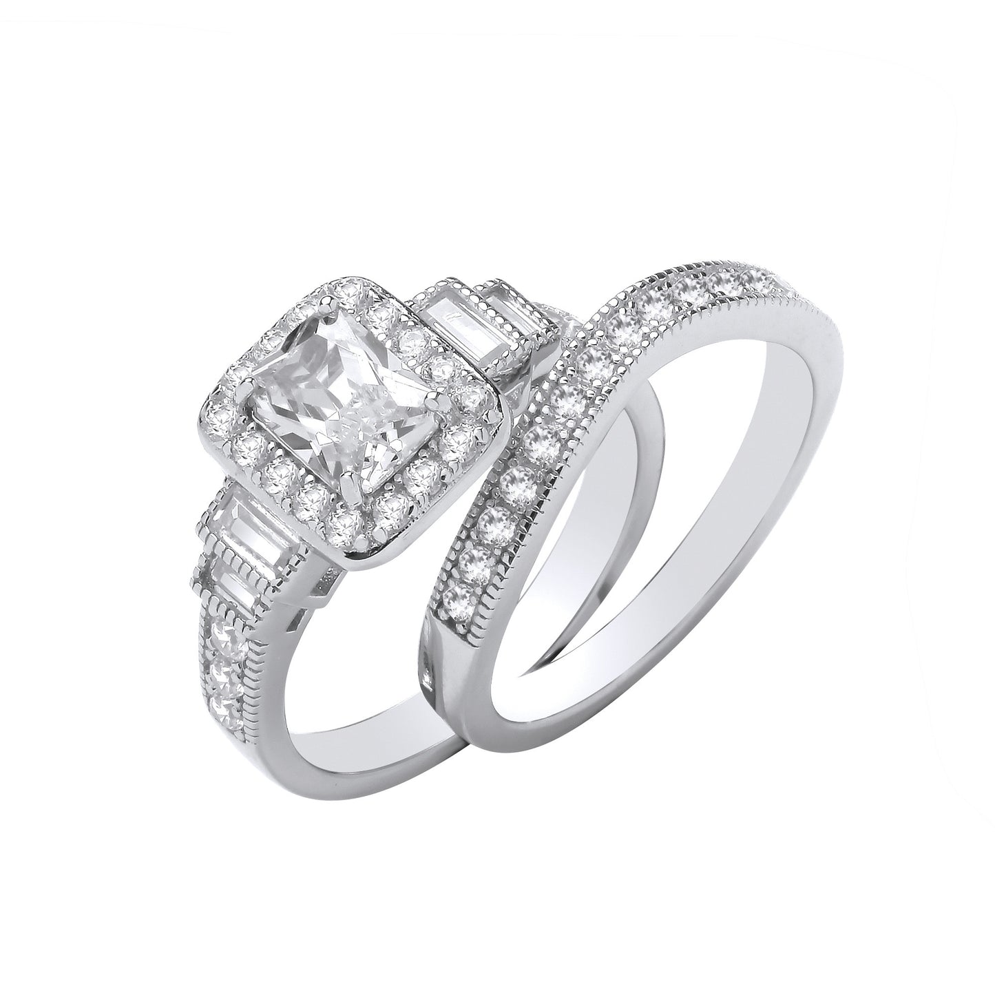 Silver Emerald Centre Cubic Zirconia Fancy Bridal Set Rings - Silver