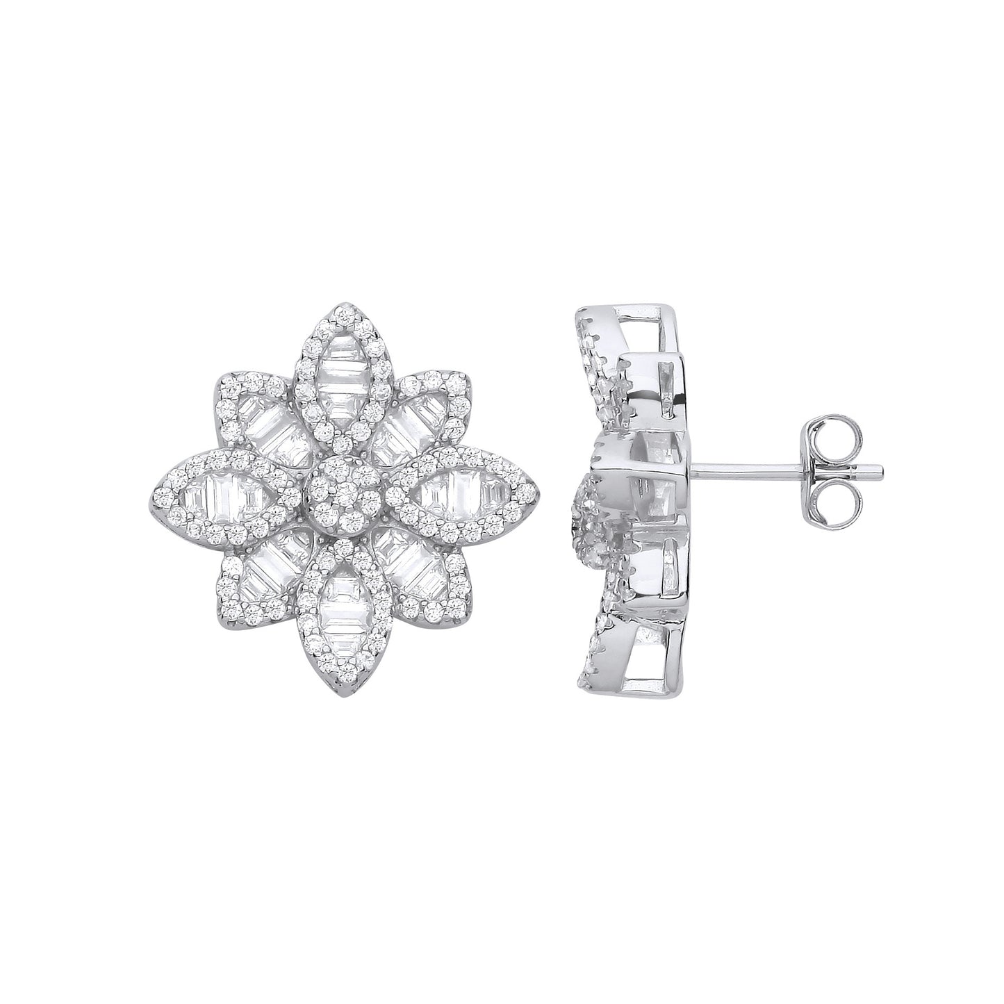 Silver Cubic Zirconia Big Flower Studs - Silver