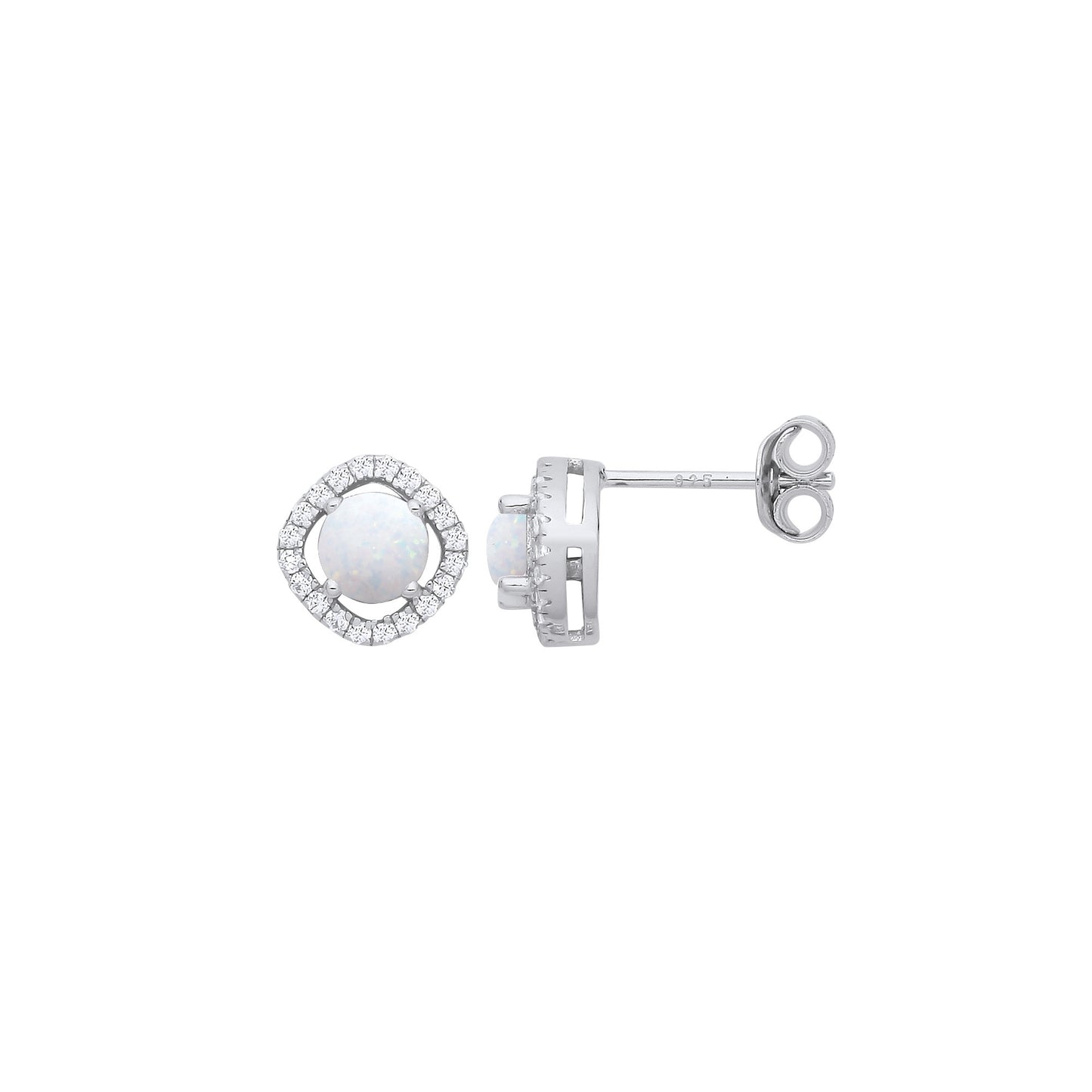 Silver Opal & Cubic Zirconia Halo Style Stud Earrings - Silver