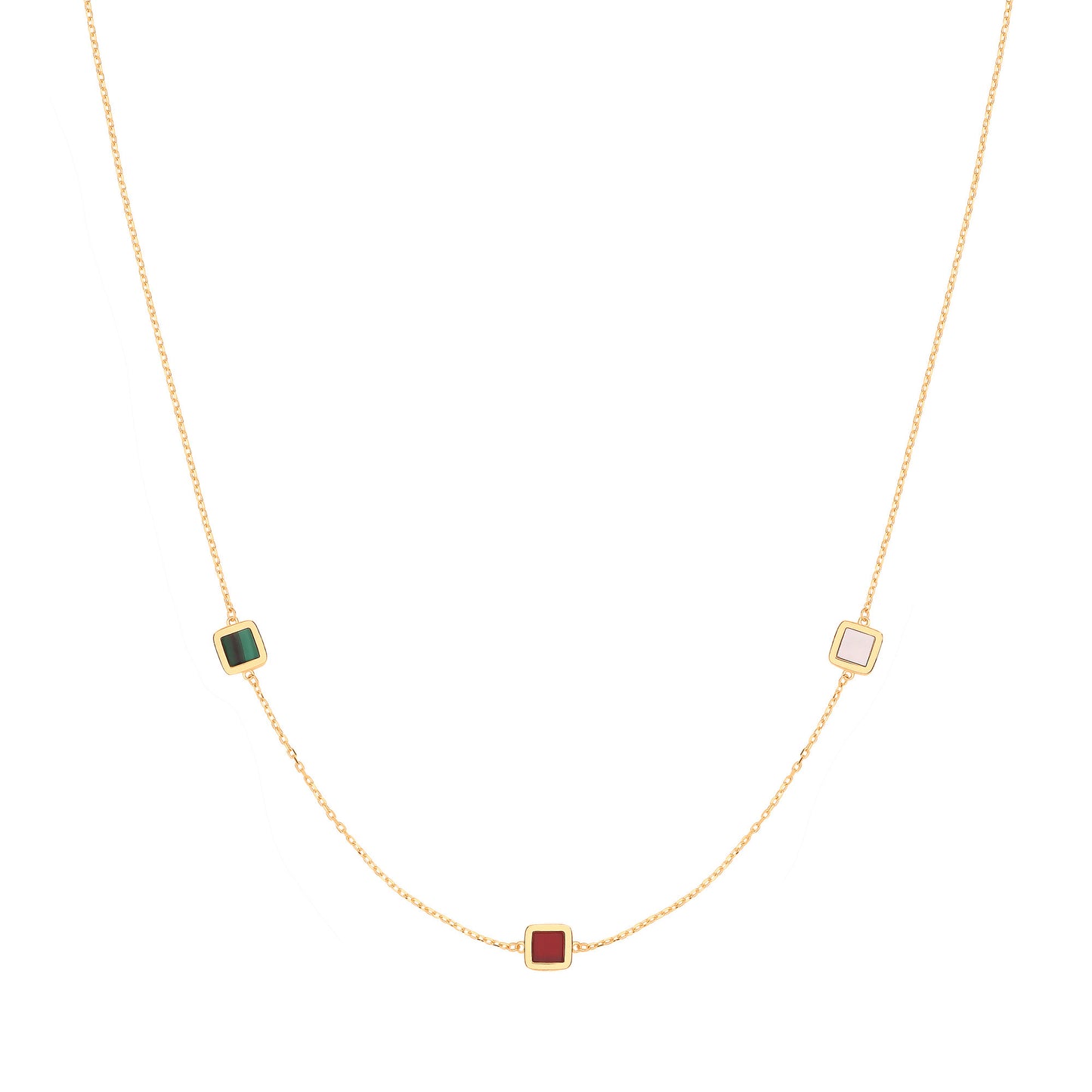 Yellow Gold Rubover Squares, White, Red & Green 18"Necklace/07" Bracelet - 9ct Gold