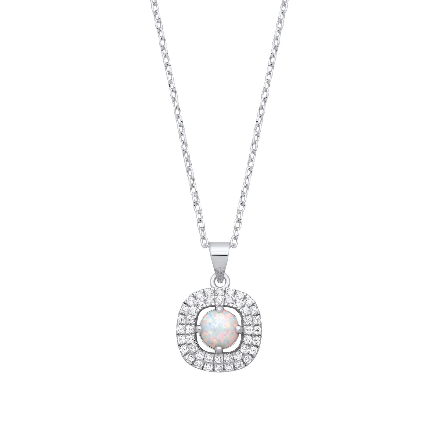 Silver Opal Halo Style Pendant with Chain - Silver