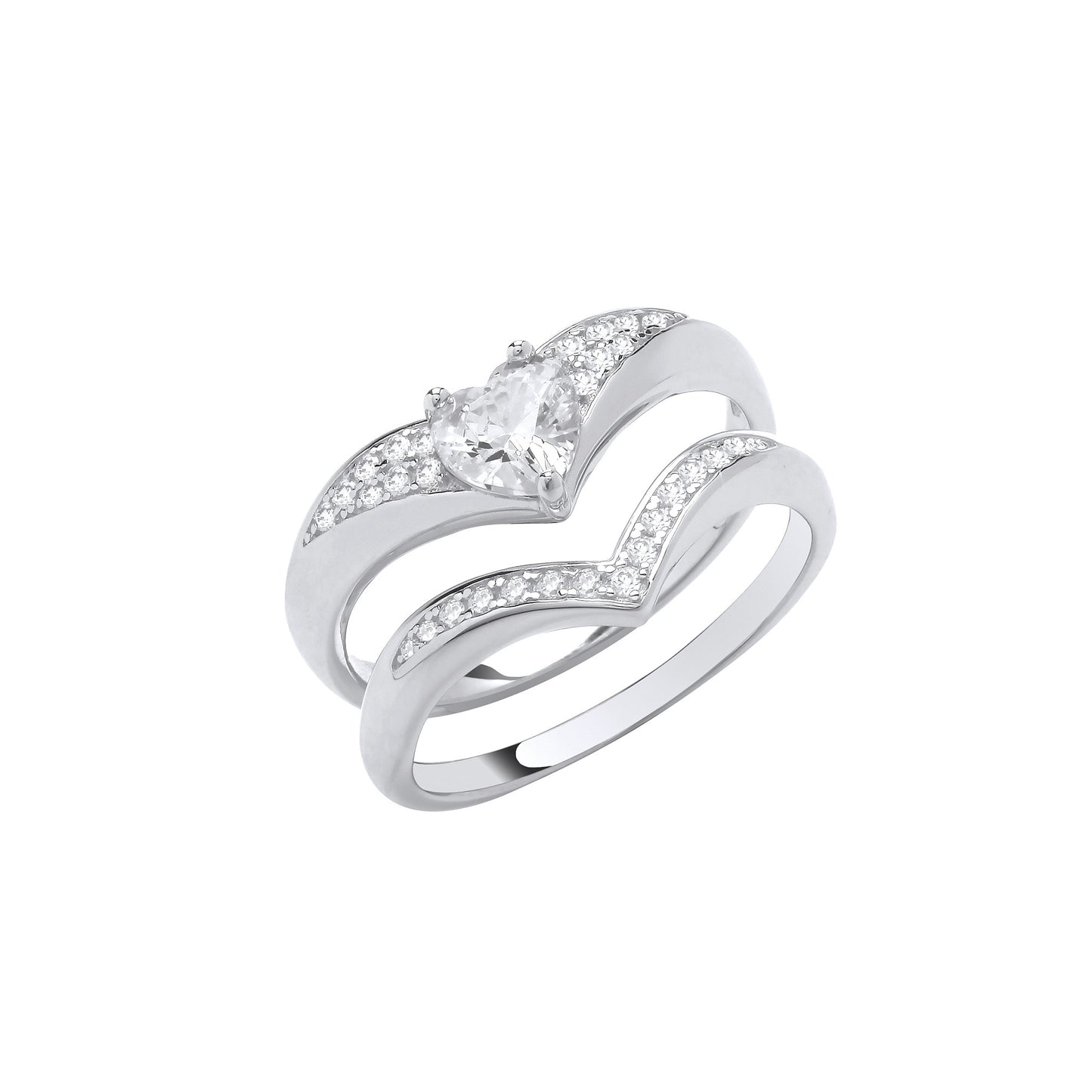 Silver Bridal Set Heart Cubic Zirconia Wishbone Rings - Silver