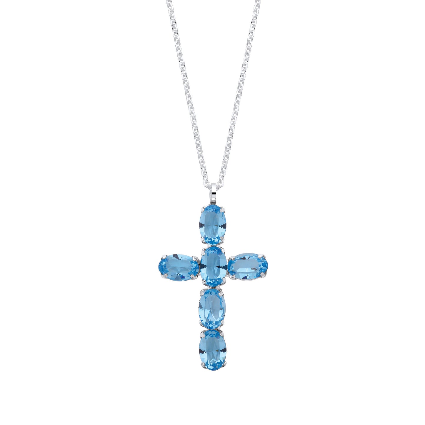 Silver Blue Crystal Cross Pendant on Chain - Silver