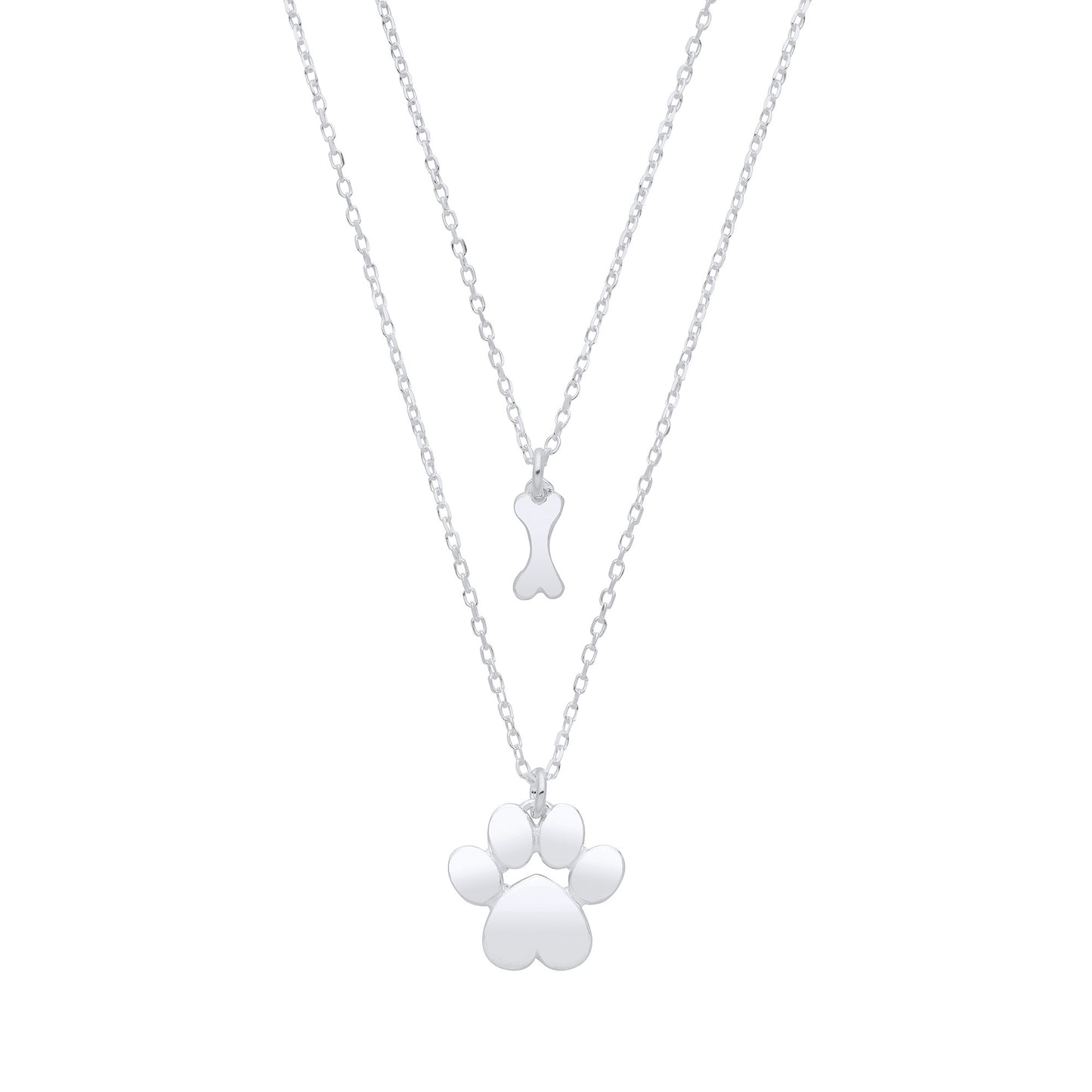 Silver Dog Paw & Bone Pendant Necklace 16" / 18" - Silver