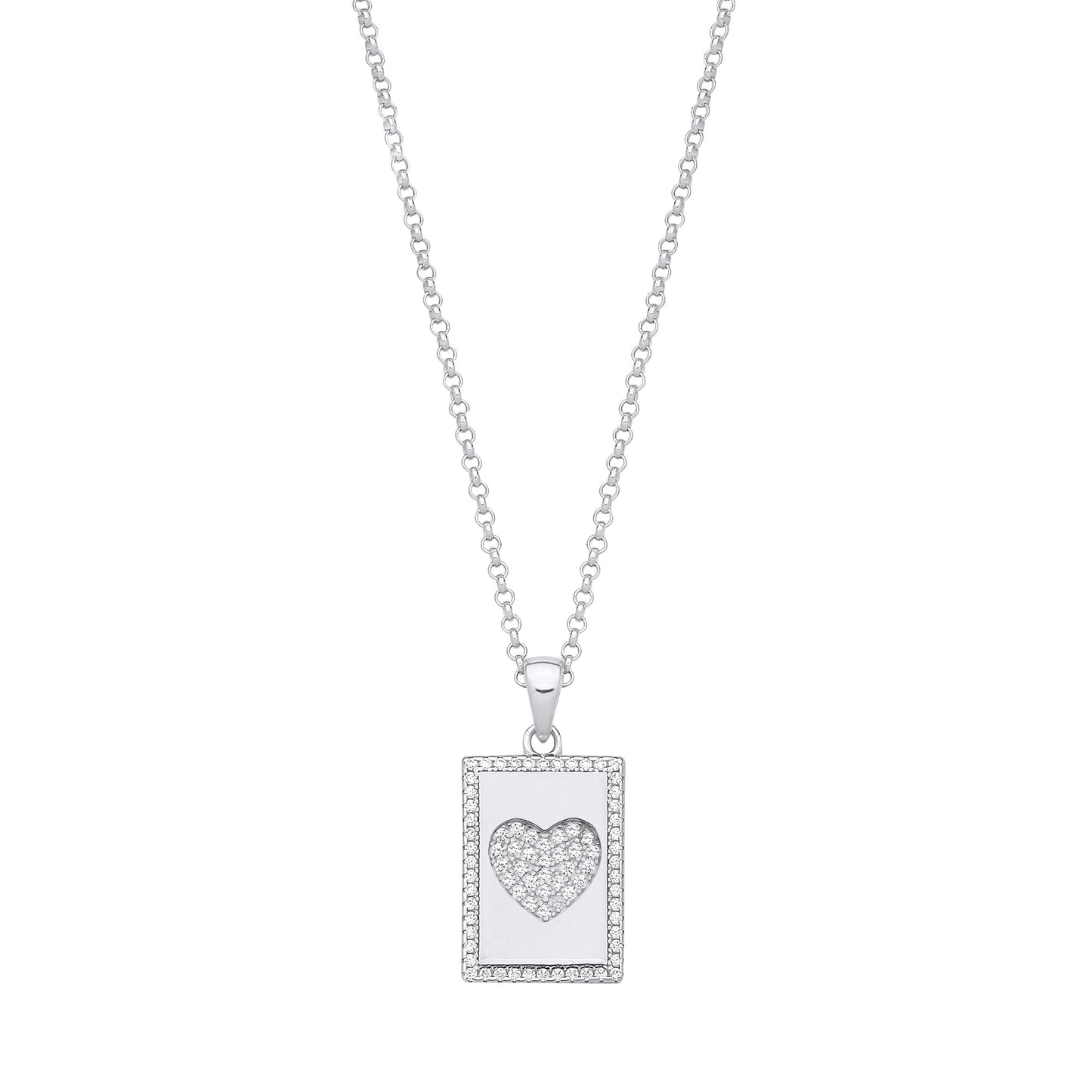 Silver Dog Tag Cubic Zirconias Heart Pendant on Chain - Silver