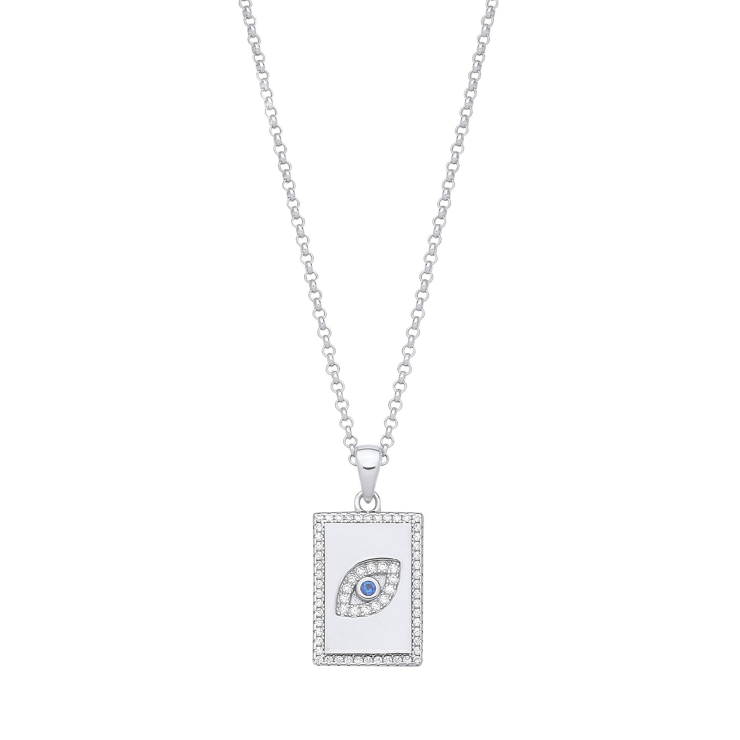 Silver Dog Tag Cubic Zirconias Evil Eye Pendant on Chain - Silver