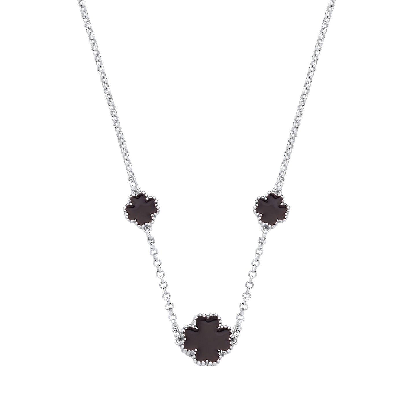 Silver BLACK Enamel Four Leaf Clover Necklace - Silver