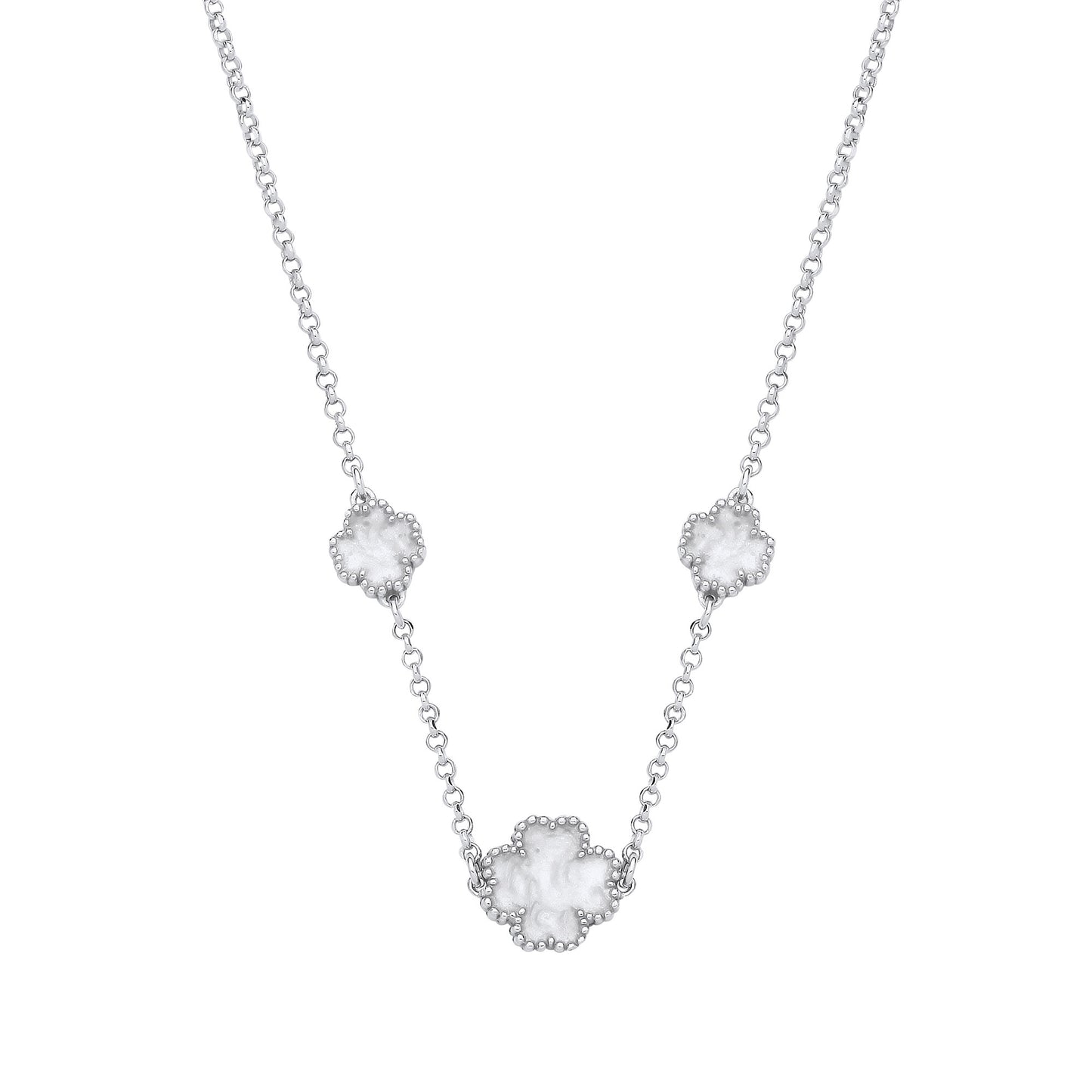 Silver WHITE Enamel Four Leaf Clover Necklace - Silver