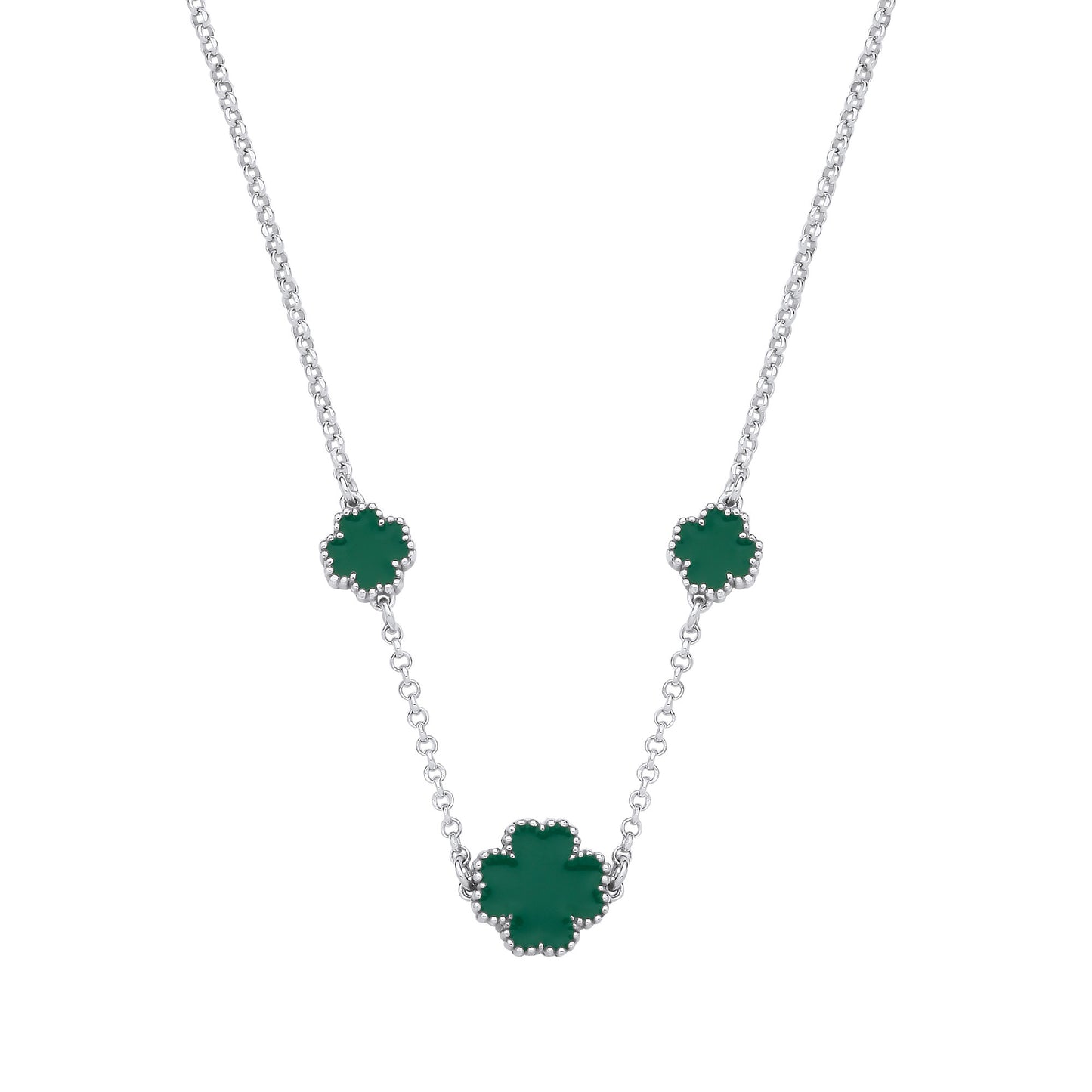 Silver GREEN Enamel Four Leaf Clover Necklace - Silver