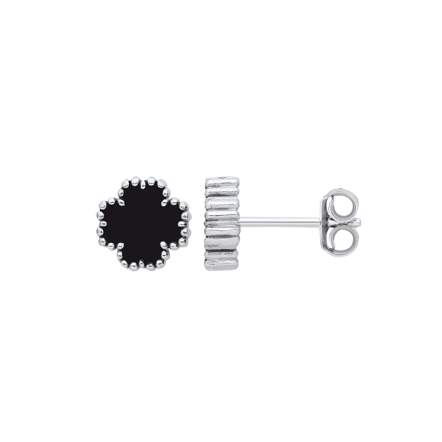 Silver BLACK Enamel Four Leaf Clover Studs - Silver