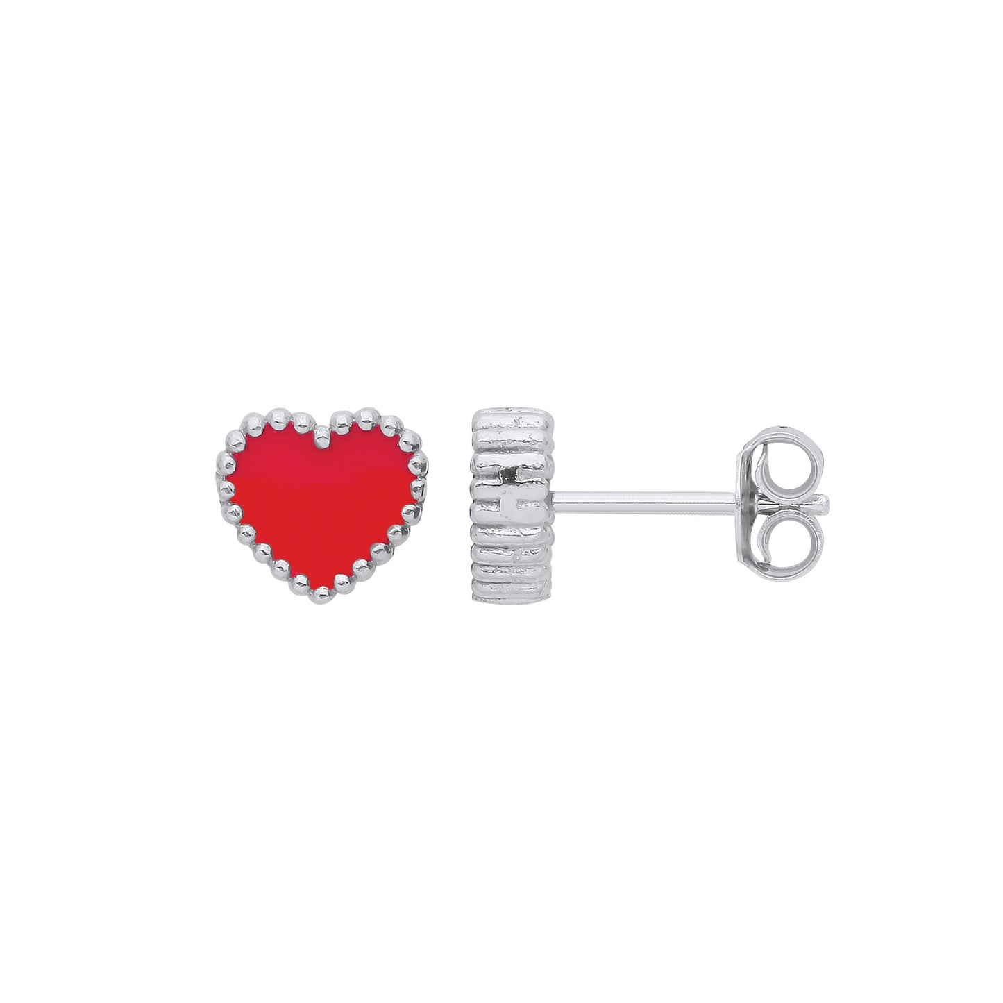 Silver RED Enamel Heart Studs - Silver