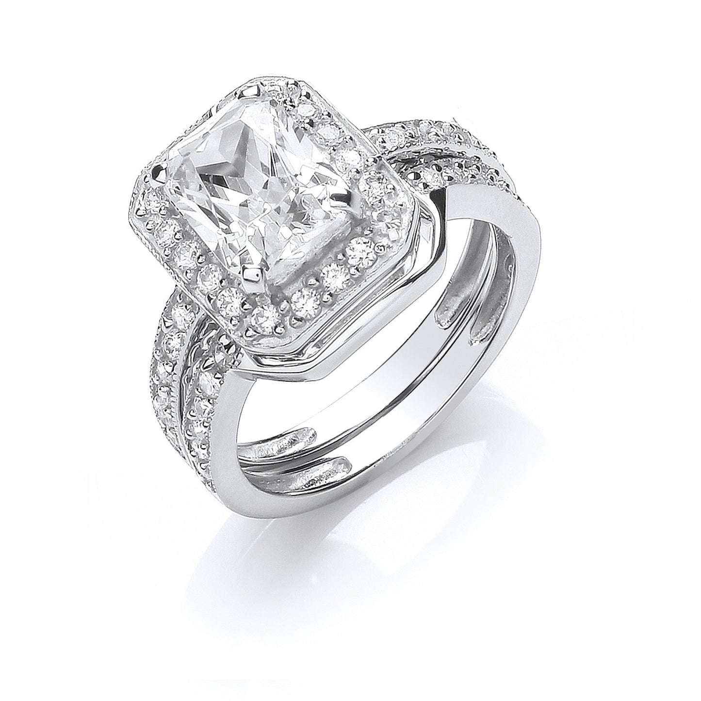 Silver Bridal Set Cubic Zirconia Emerald Cut Centre Rings - Silver