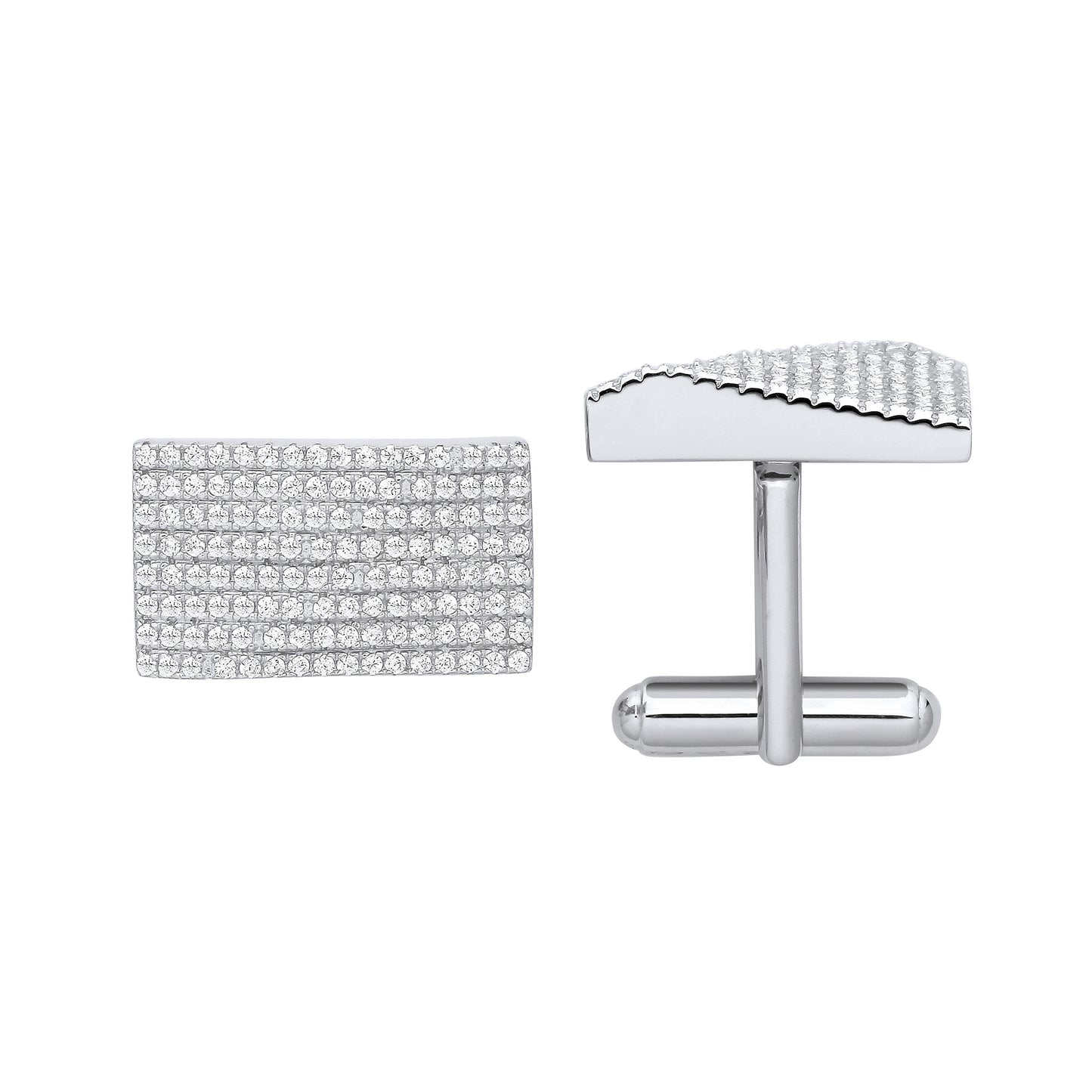 Silver Cubic Zirconia Rectangle Raised Slope Cufflinks - Silver