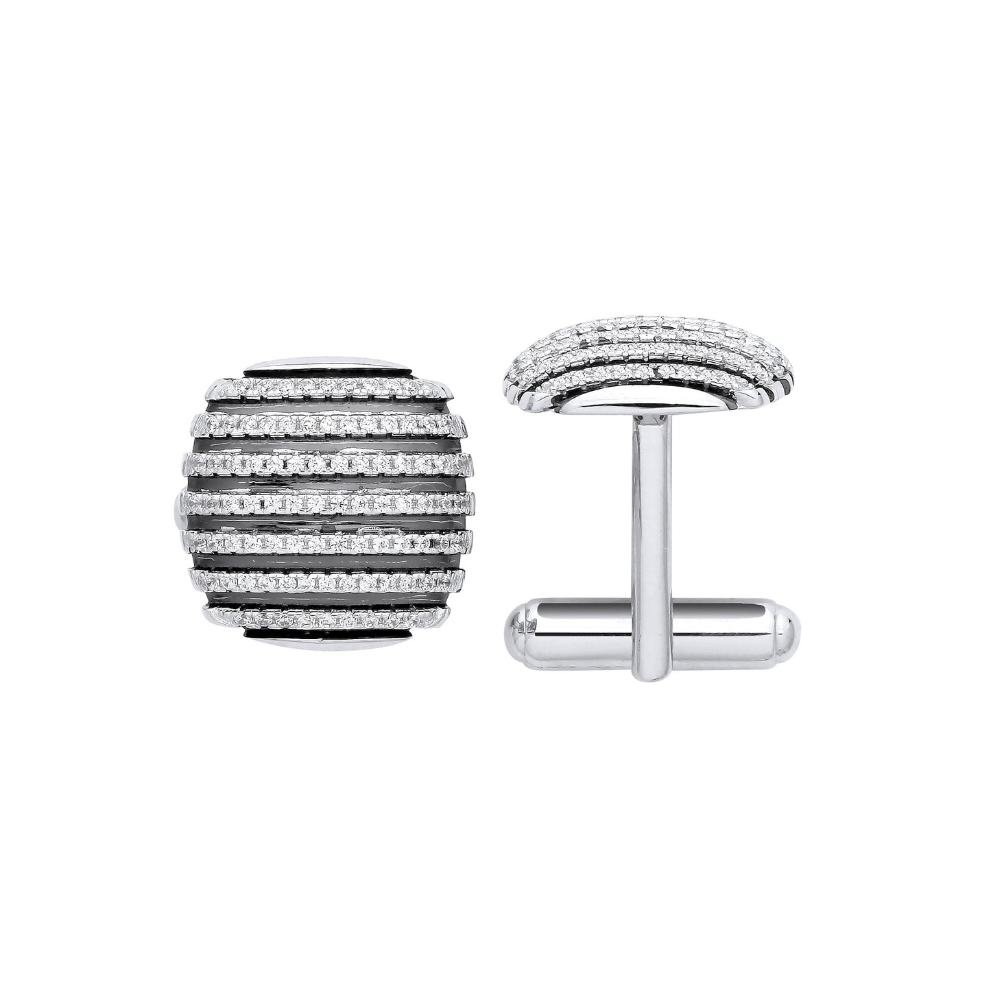 Silver & Black Stripes, Cubic Zirconia Domed Cufflinks - Silver