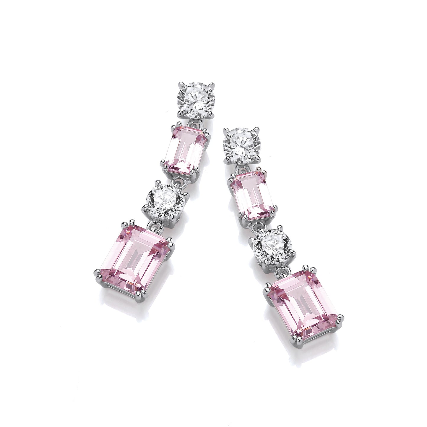 Pink & Clear Cubic Zirconias Silver Drop Earrings - Silver