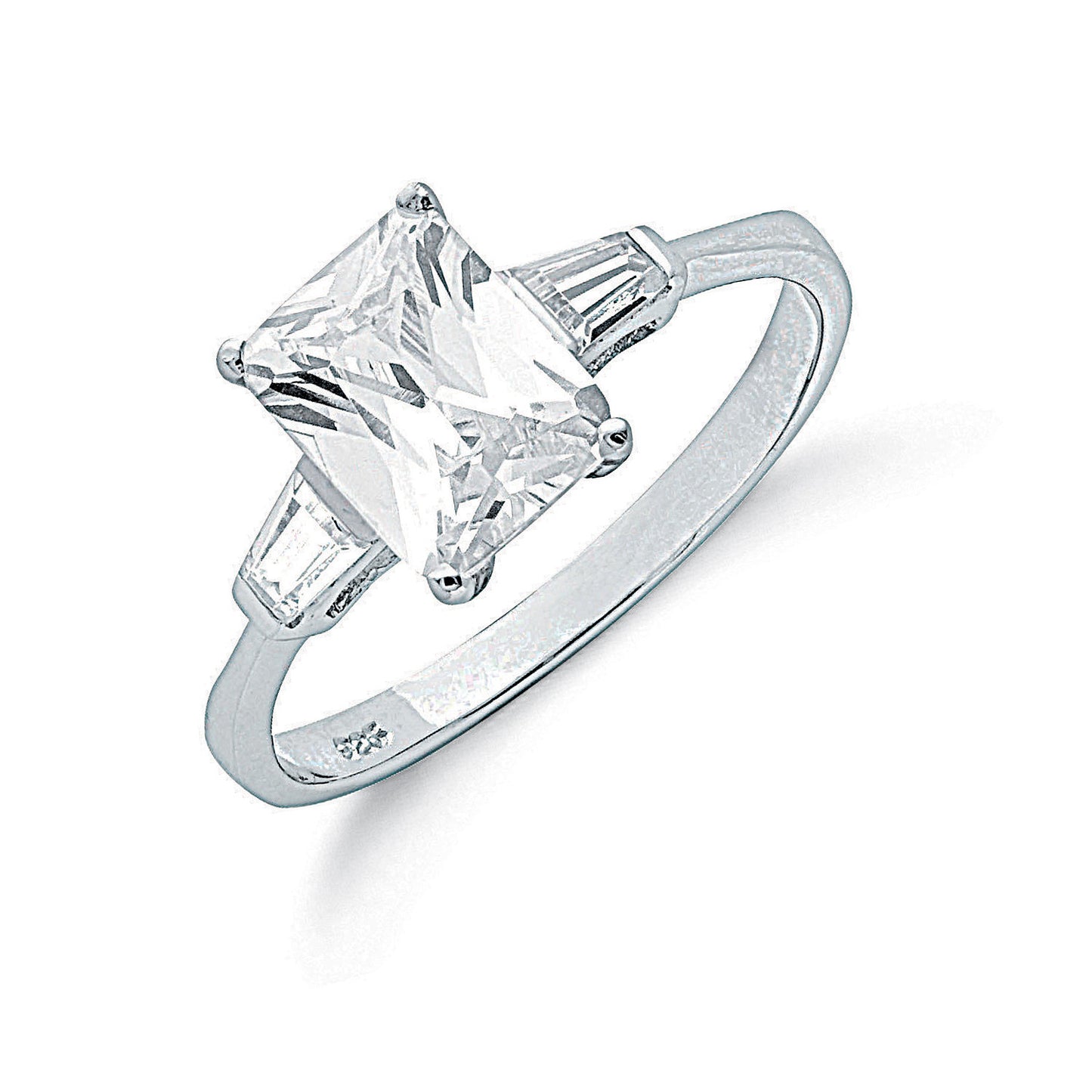 Silver Claw Set Emerald Cut Cubic Zirconia Solitaire Ring - Silver