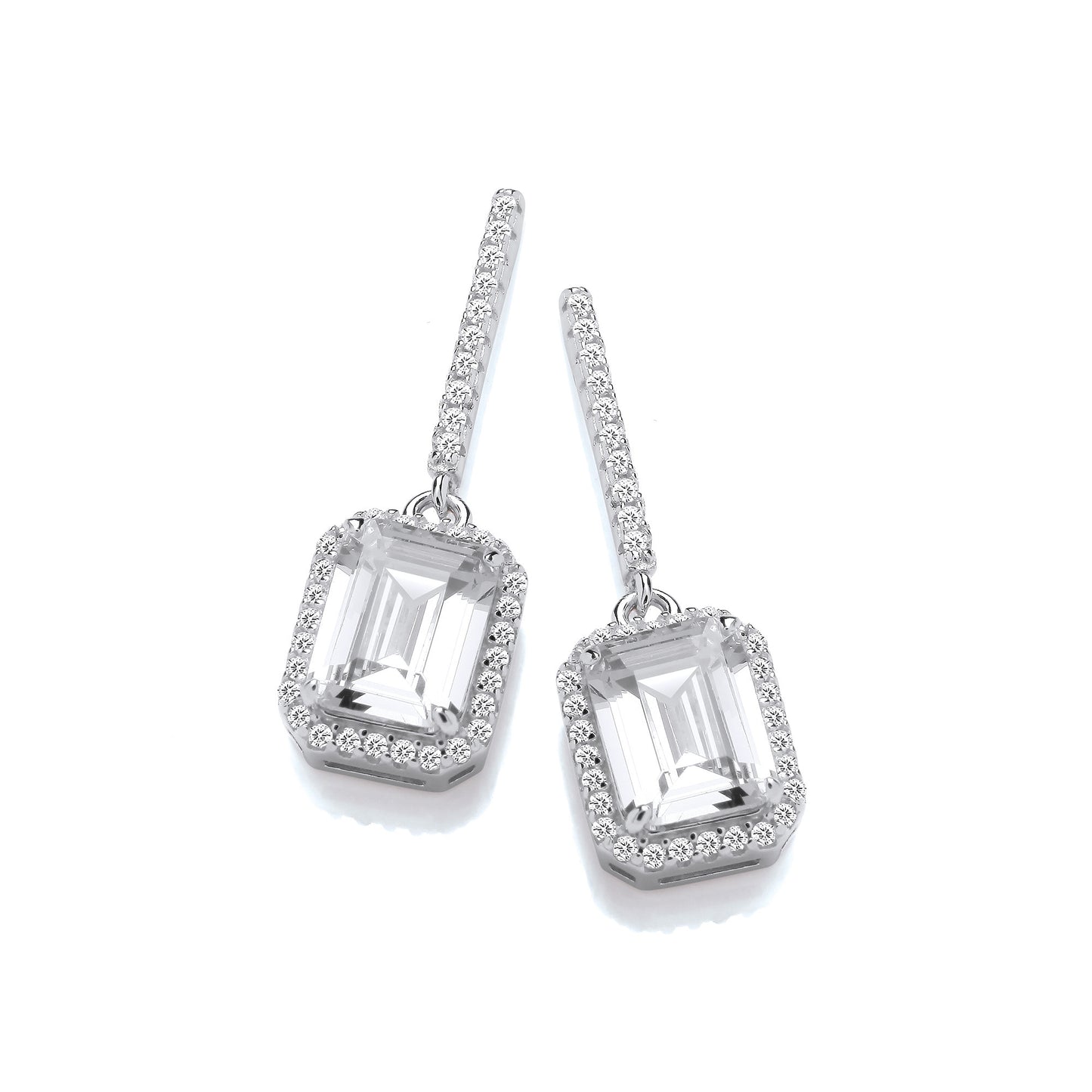 Emerald Cut Cubic Zirconia Halo Silver Drop Earrings - Silver