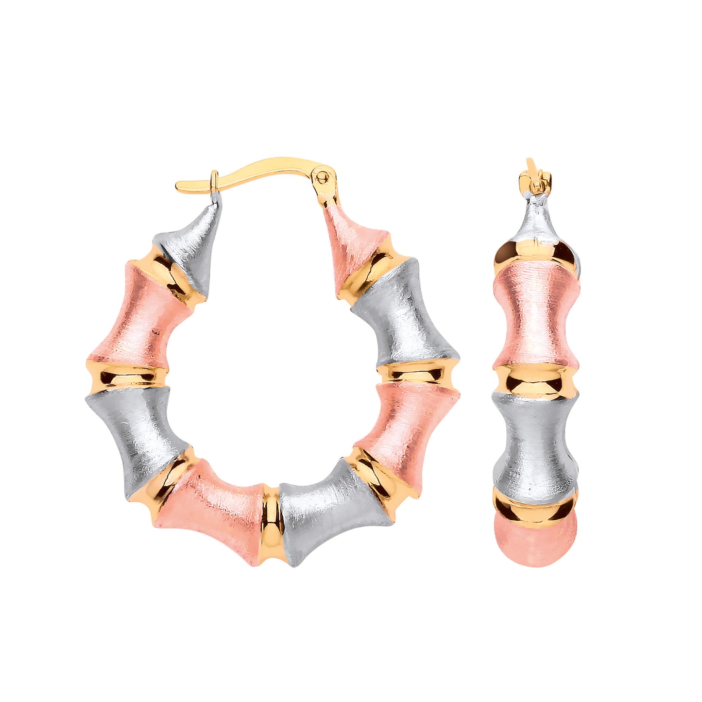 Yellow Gold Three Colour Bamboo Frosted Hoops - 9ct Gold