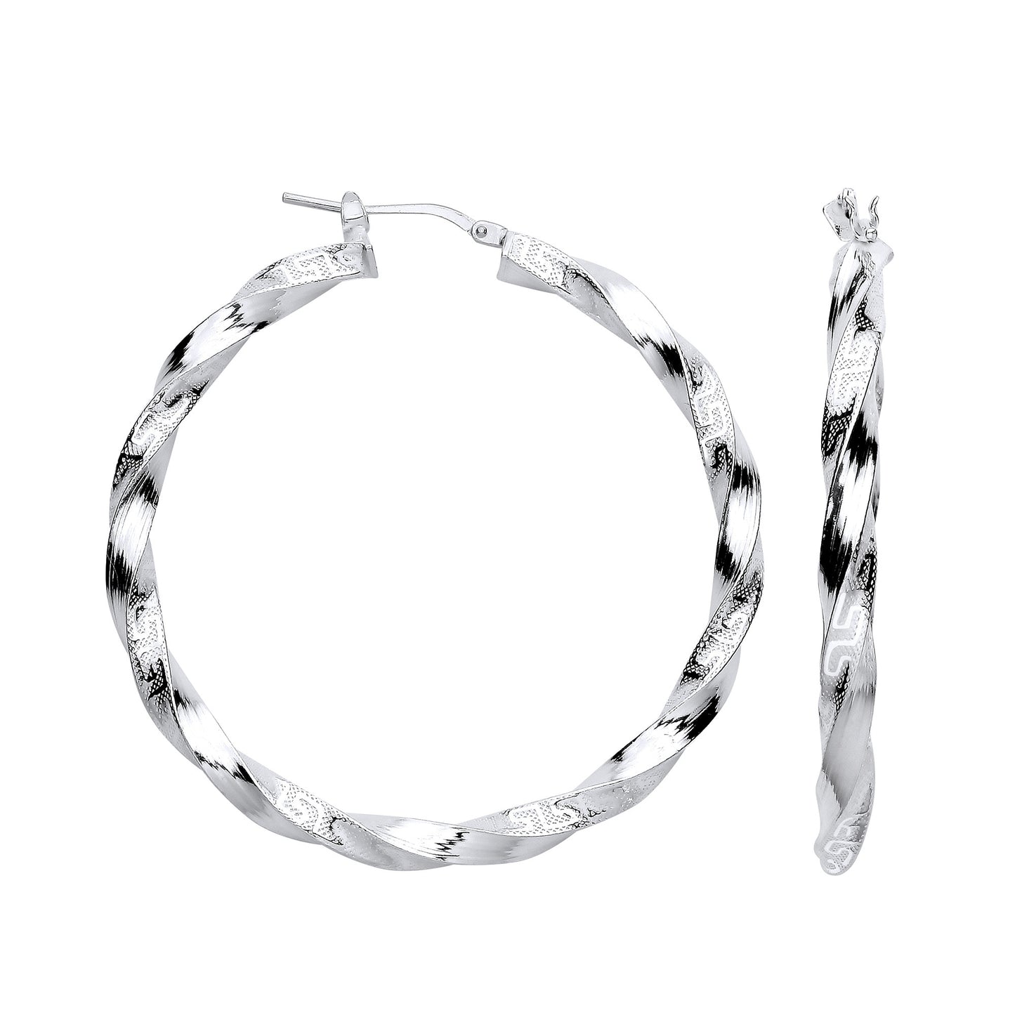 Silver Greek Key Twist Hoop 48mm Earrings - Silver