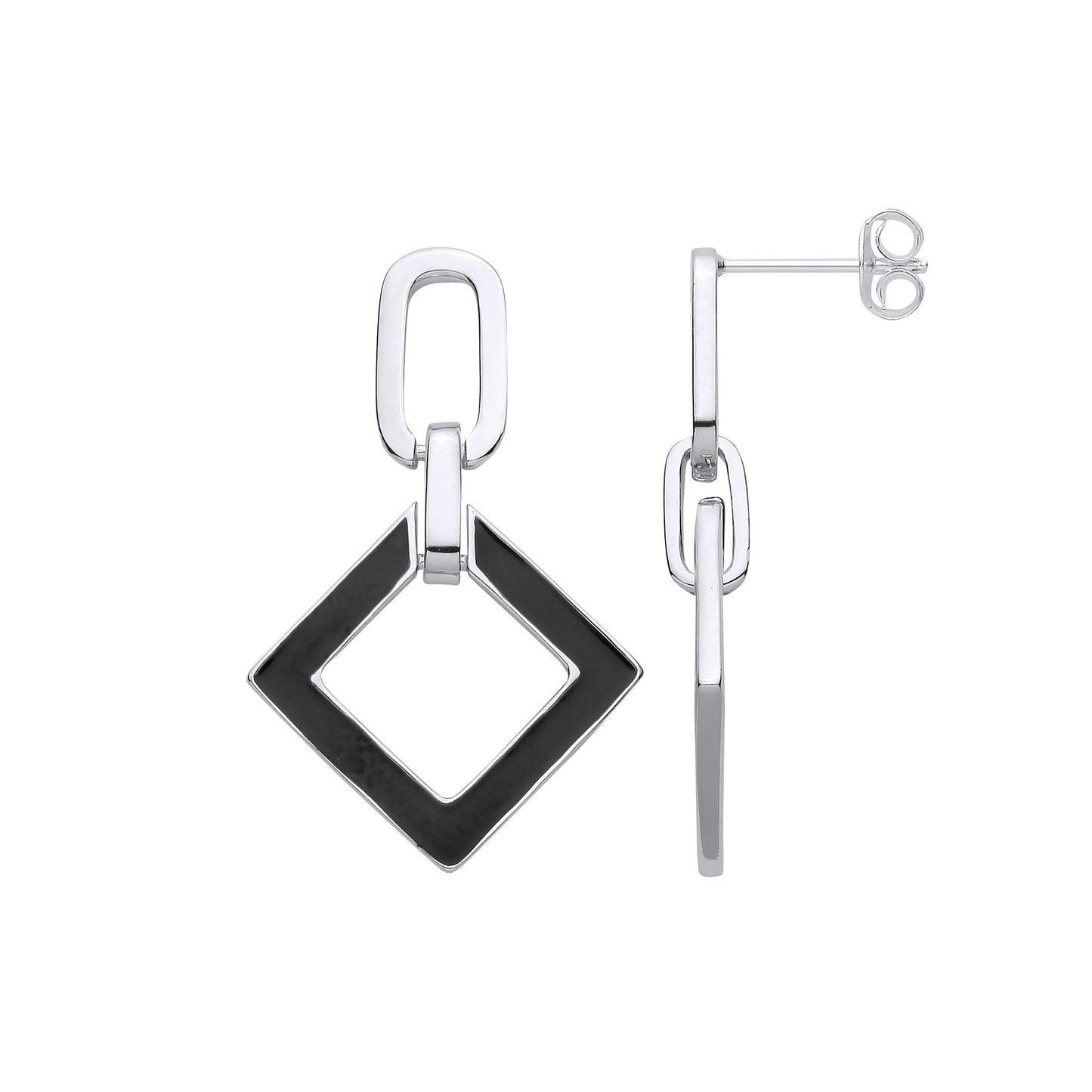Silver Square Black Enamel Drop Earrings - Silver