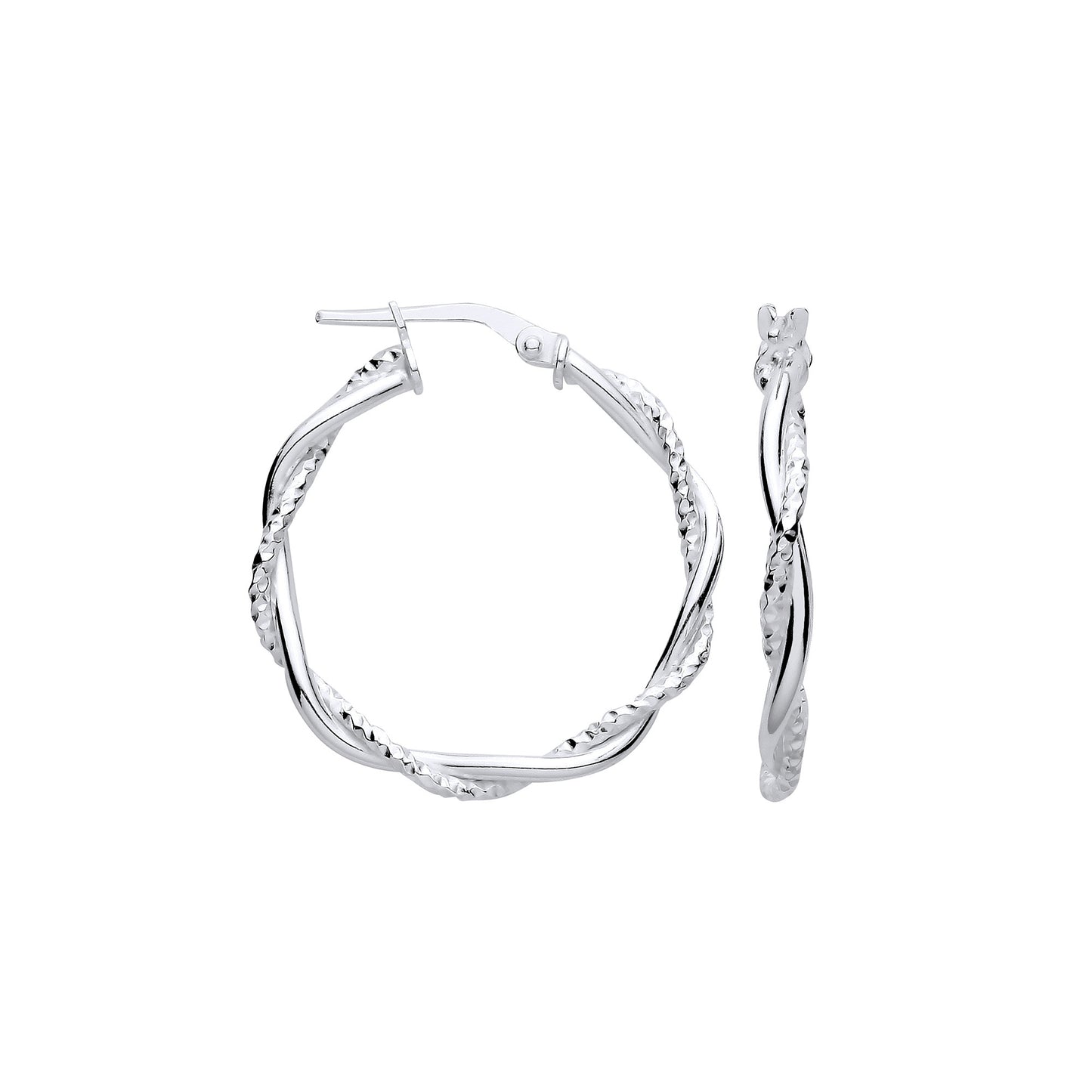 Silver D/C & Plain Twist Medium Hoop Earrings - Silver