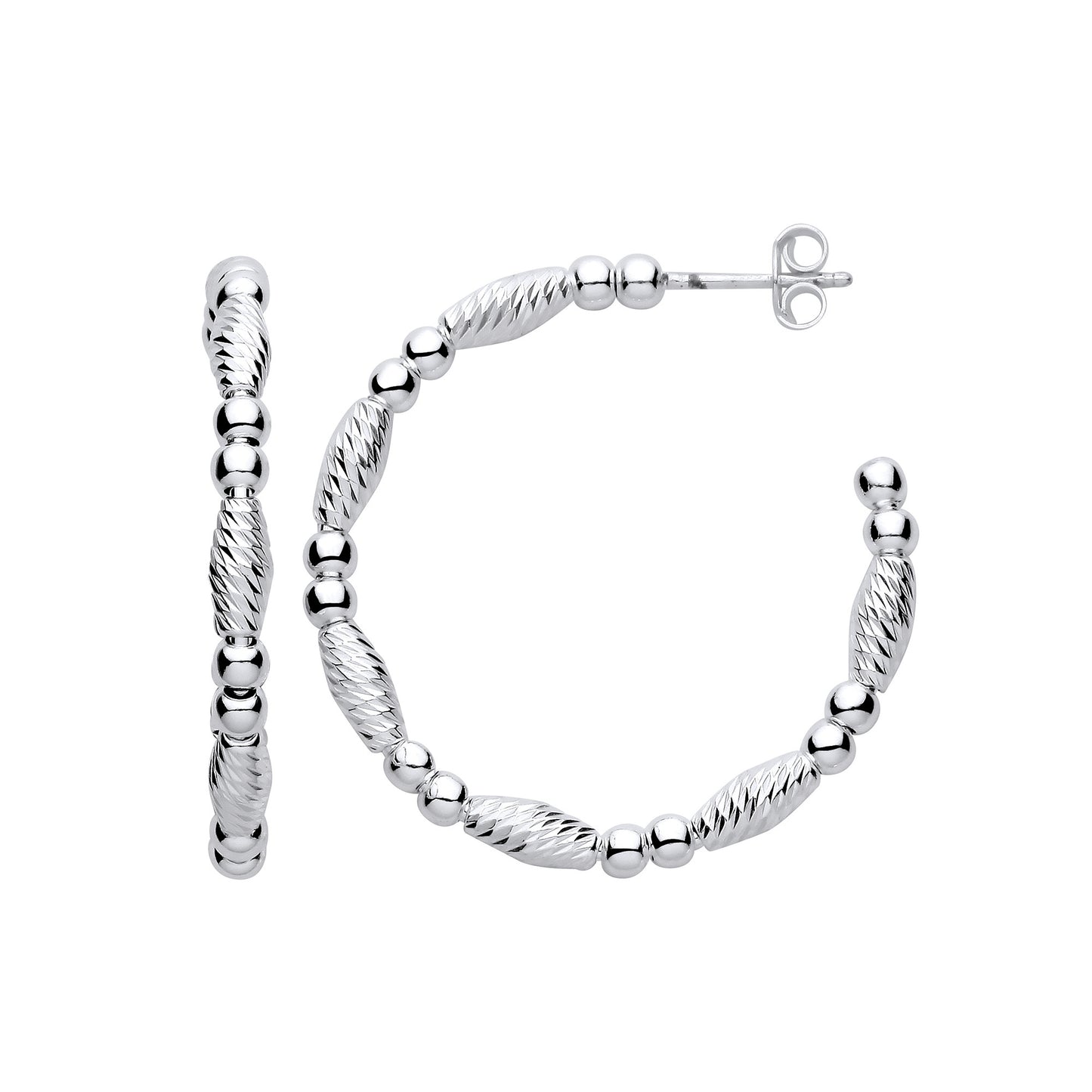 Silver Beads and Twist Medium Hoop Earrings - Silver