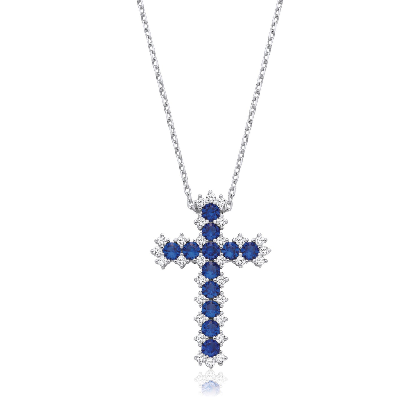 Blue & Clear Cubic Zirconia Cross with Chain - Silver