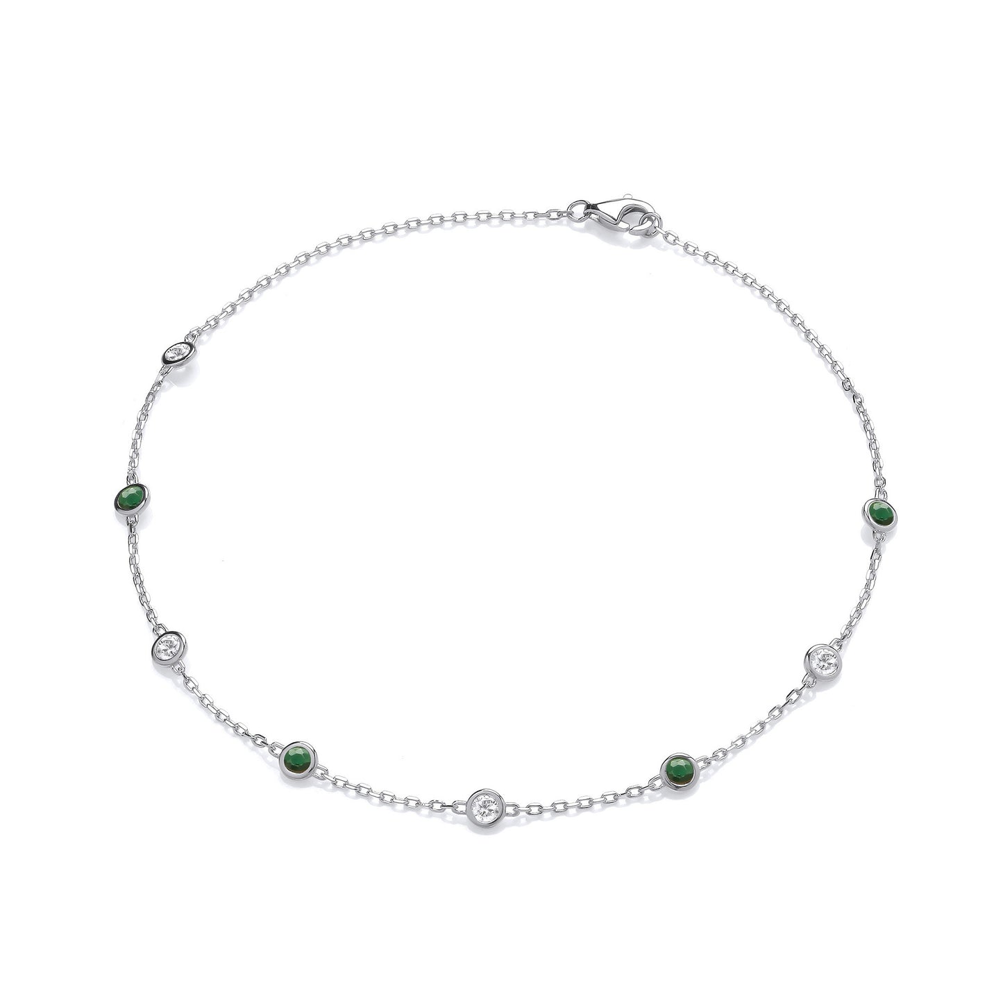 Silver Rubover Green & Clear Cubic Zirconia's Ladies Anklet - Silver