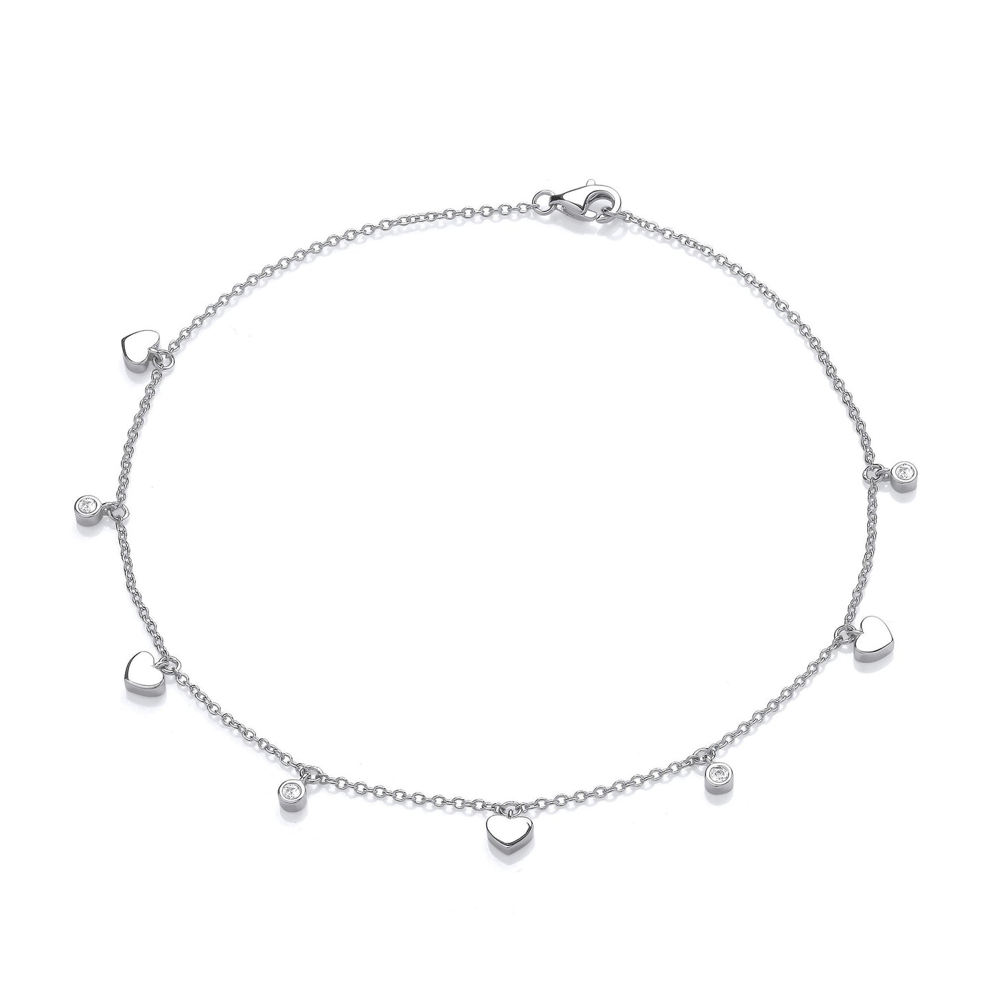 Silver Hearts and Round Cubic Zirconia's Ladies Anklet - Silver