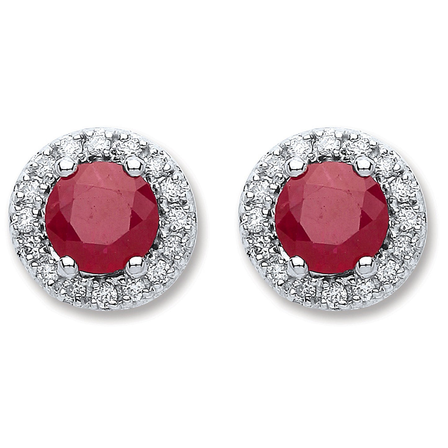 9ct White Gold 0.15ct Dia, 0.90ct Round Ruby Stud Earrings - 9ct Gold