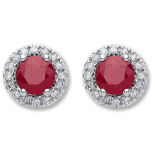 9ct White Gold 0.15ct Dia, 0.90ct Round Ruby Stud Earrings - 9ct Gold