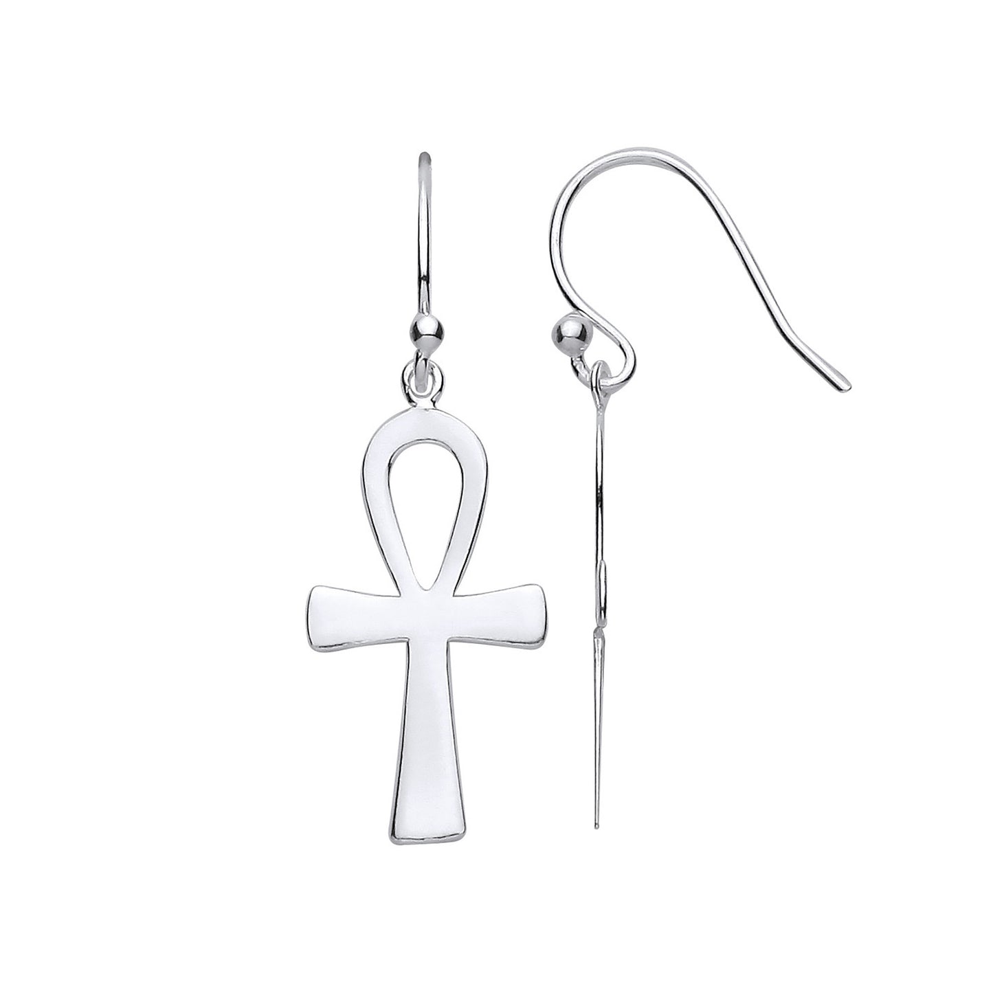 Silver Ankh Cross Drop Earrings with Hook - Silver