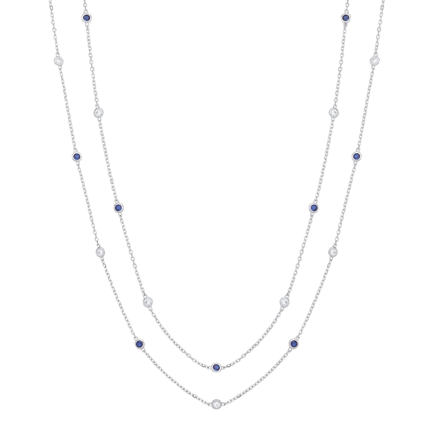 38" Silver Rubover Blue & Clear Cubic Zirconia's Necklace - Silver